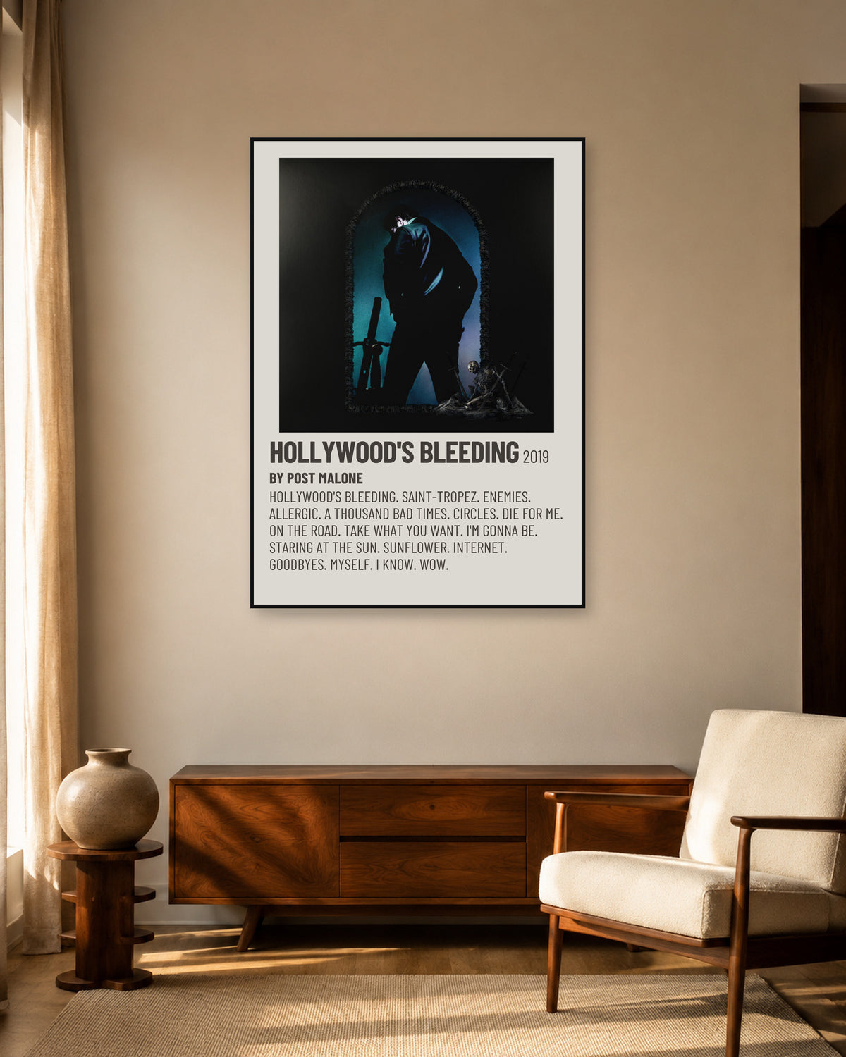 Post Malone Hollywood's Bleeding Cream Tracklist Poster — warm mid-century living room display. Print sold unframed; frame for display only.