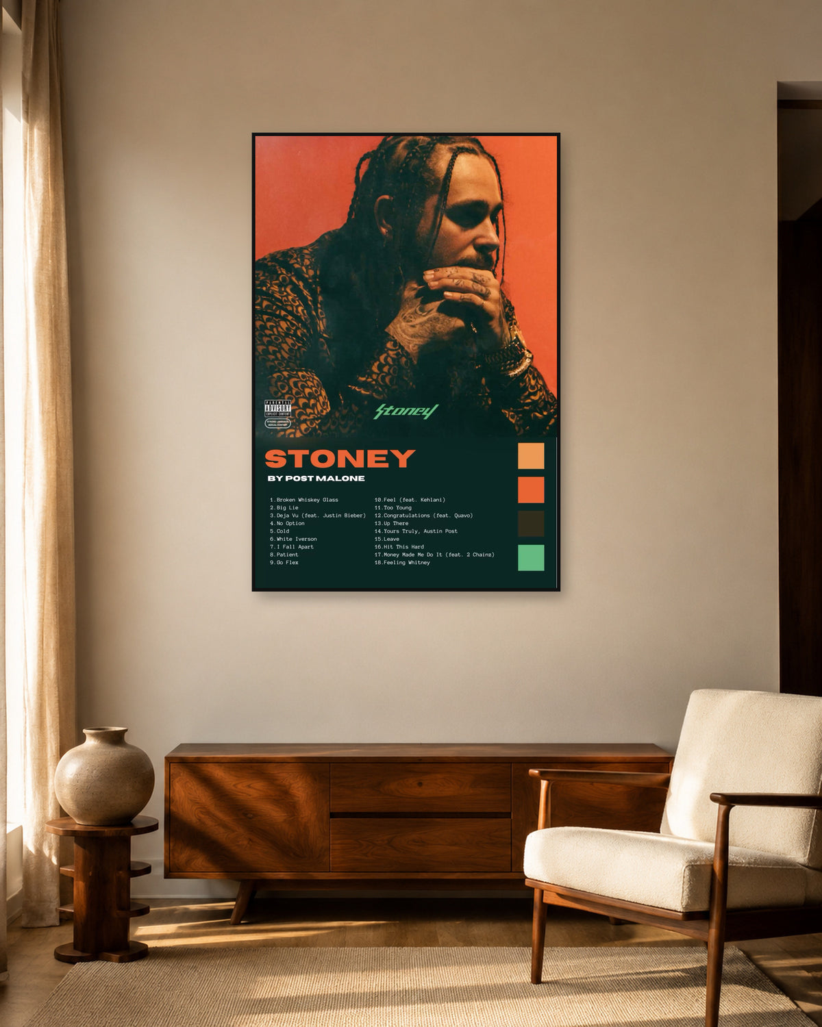 Post Malone Stoney Dark Green Tracklist Poster — warm mid-century living room display. Print sold unframed; frame for display only.