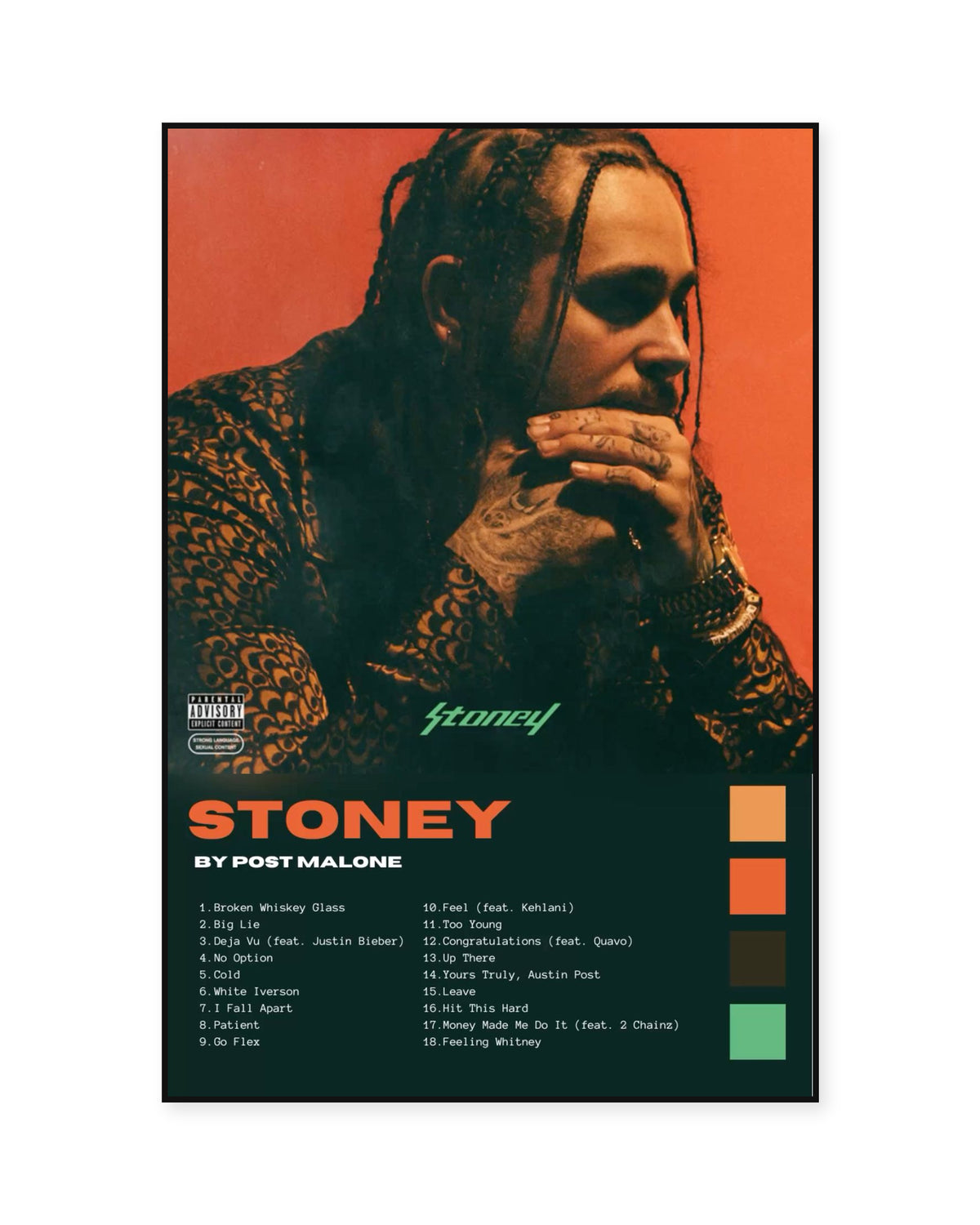 Post Malone Stoney Dark Green Tracklist Poster — front view in a thin black display frame. Print sold unframed; frame for display only.