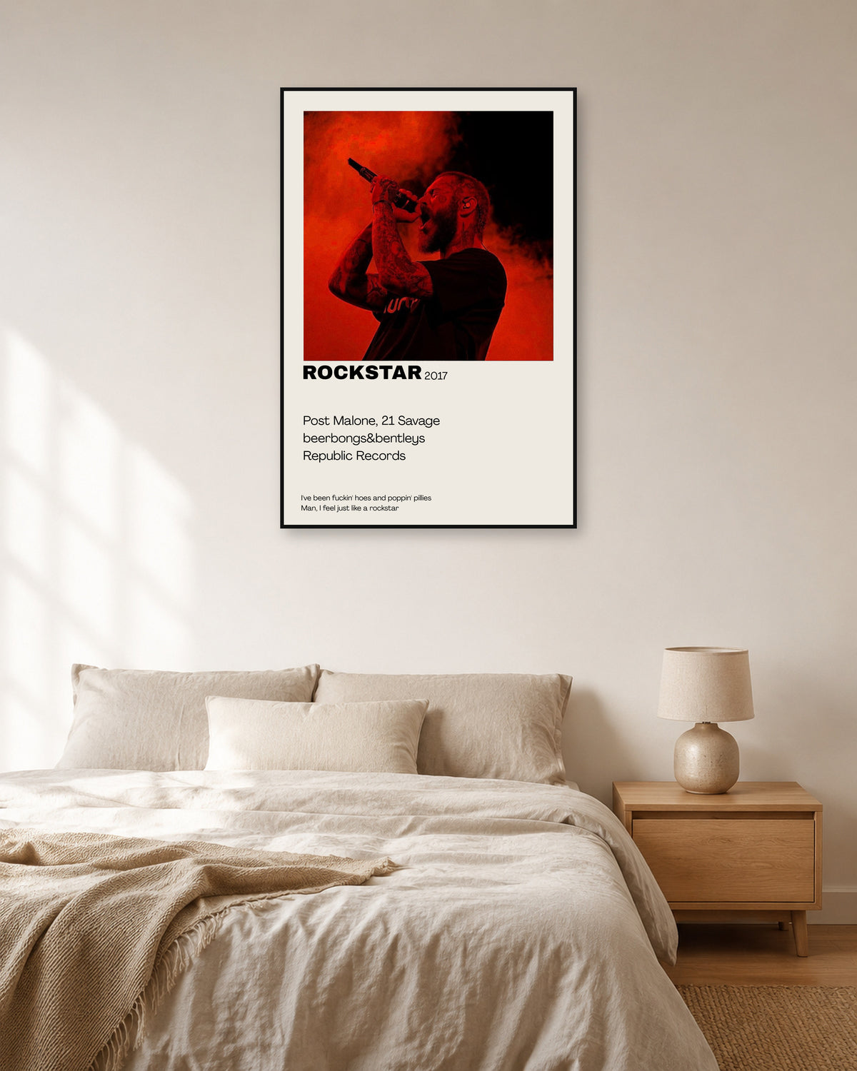 Post Malone Rockstar Red Performance Lyric Poster — natural-light bedroom display. Print sold unframed; frame for display only.