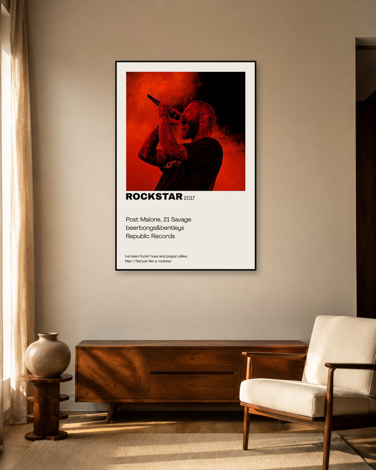 Post Malone Rockstar Red Performance Lyric Poster — warm mid-century living room display. Print sold unframed; frame for display only.