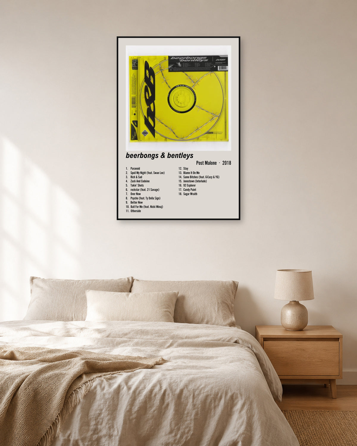 Post Malone beerbongs & bentleys Cream Two-Column Tracklist Poster — natural-light bedroom display. Print sold unframed; frame for display only.