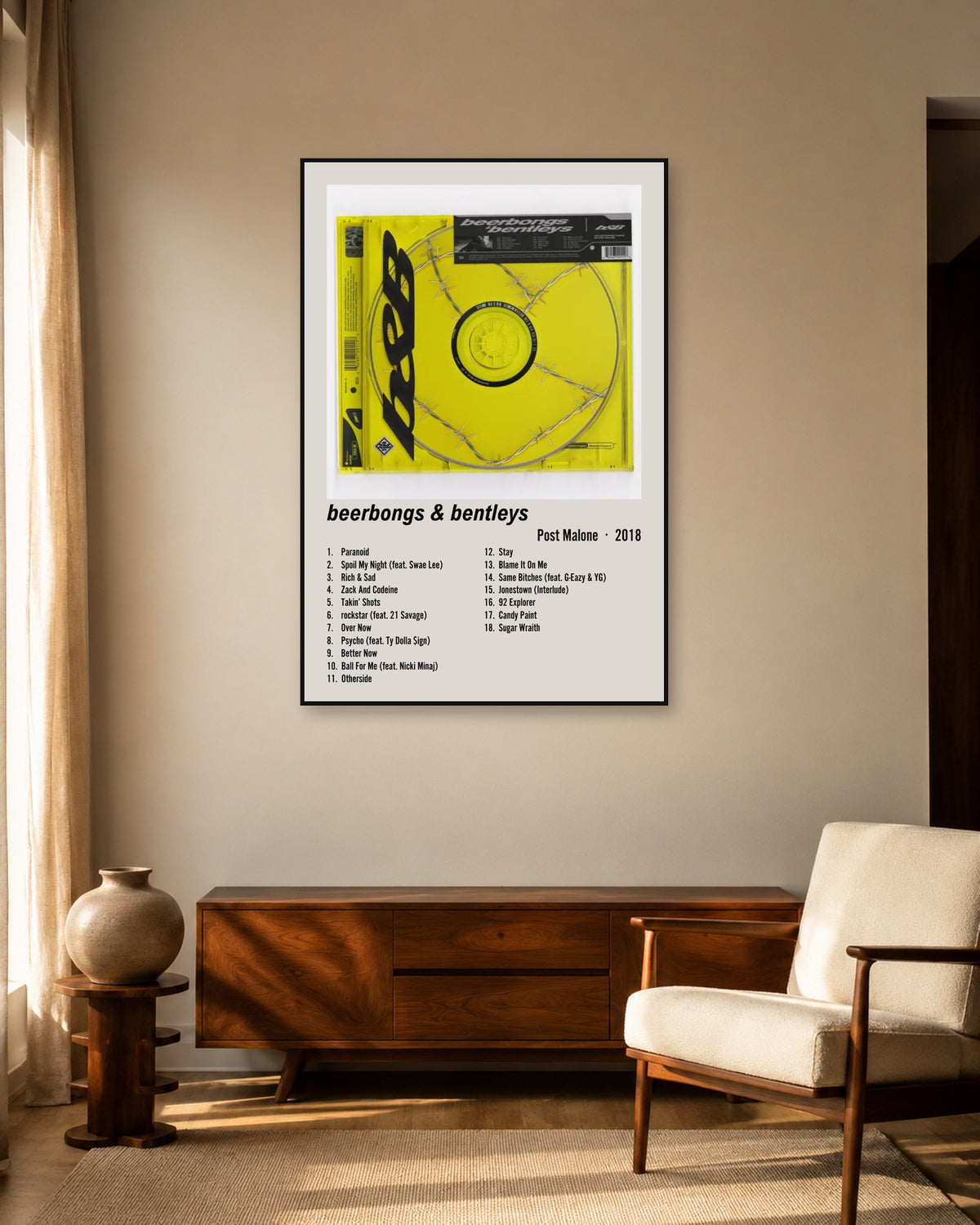 Post Malone beerbongs & bentleys Cream Two-Column Tracklist Poster — warm mid-century living room display. Print sold unframed; frame for display only.
