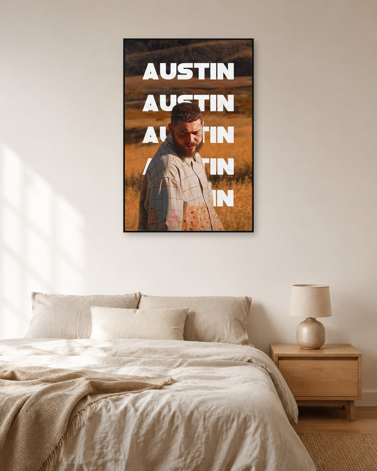 Post Malone Austin Repeated White Title Poster — natural-light bedroom display. Print sold unframed; frame for display only.