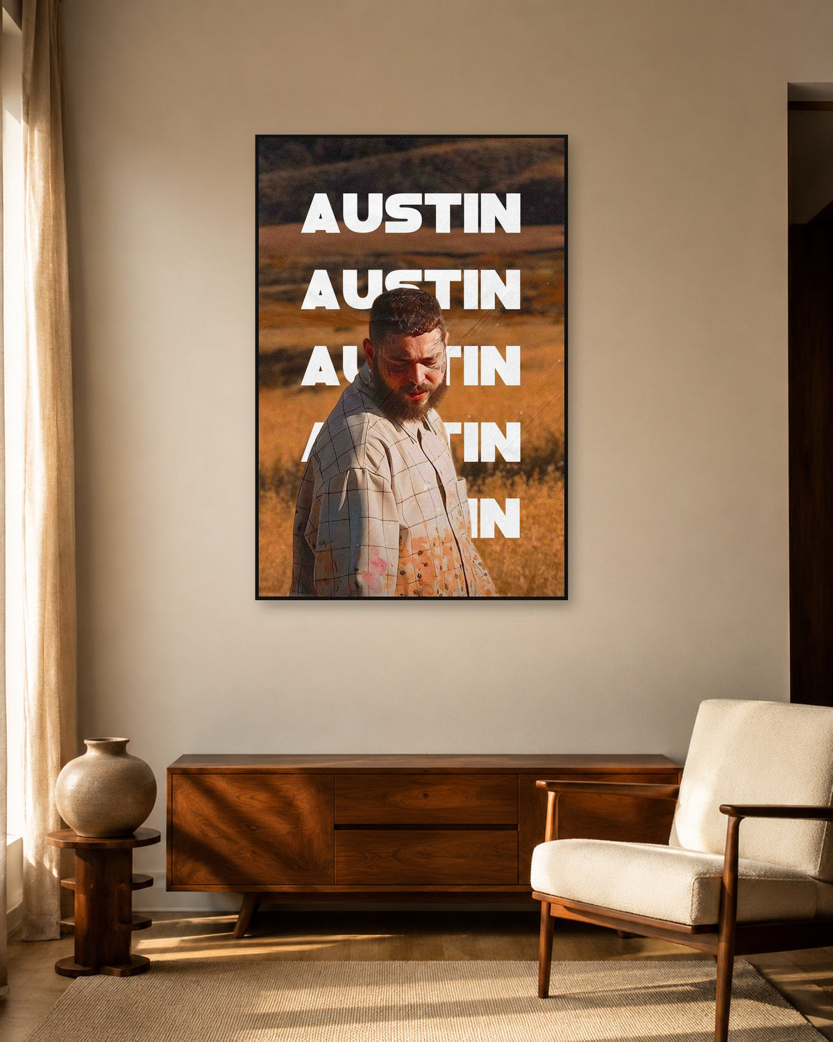 Post Malone Austin Repeated White Title Poster — warm mid-century living room display. Print sold unframed; frame for display only.
