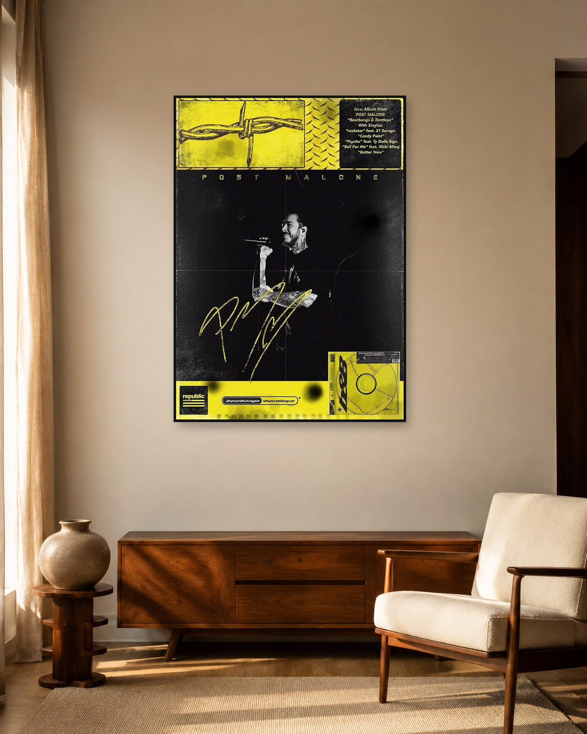 Post Malone beerbongs & bentleys Yellow Performance Collage Poster — warm mid-century living room display. Print sold unframed; frame for display only.