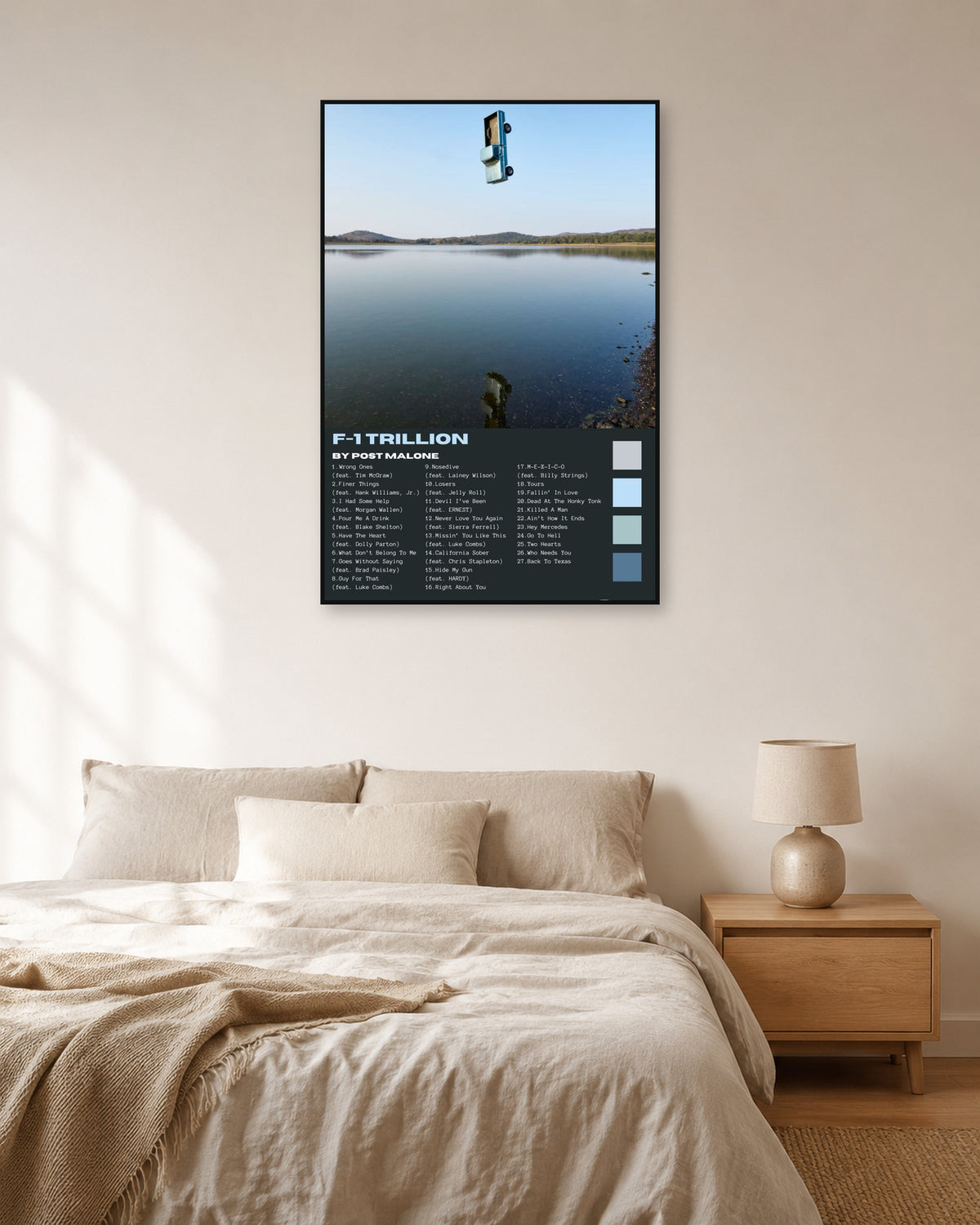 Post Malone F-1 Trillion Blue Tracklist Poster — natural-light bedroom display. Print sold unframed; frame for display only.