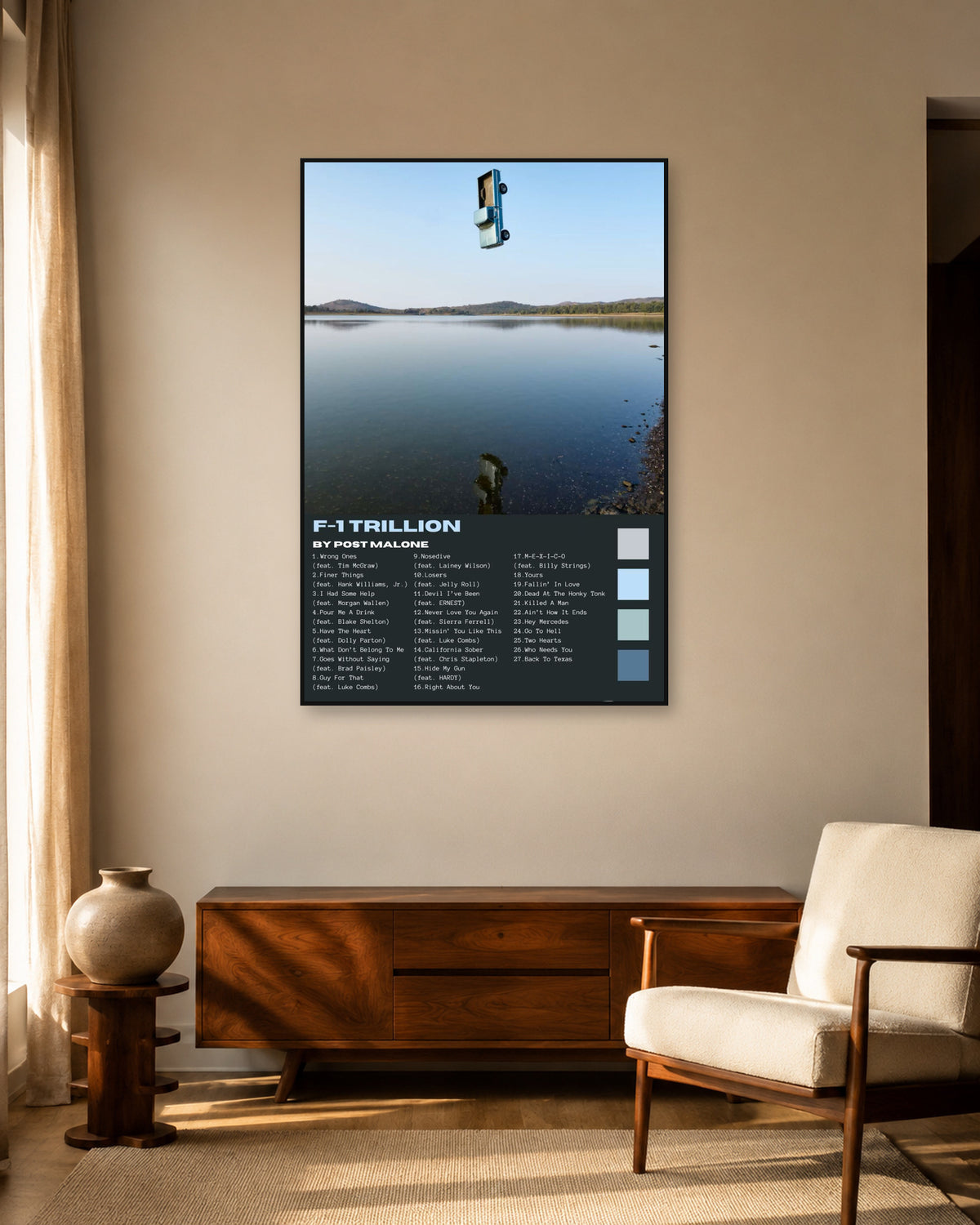 Post Malone F-1 Trillion Blue Tracklist Poster — warm mid-century living room display. Print sold unframed; frame for display only.