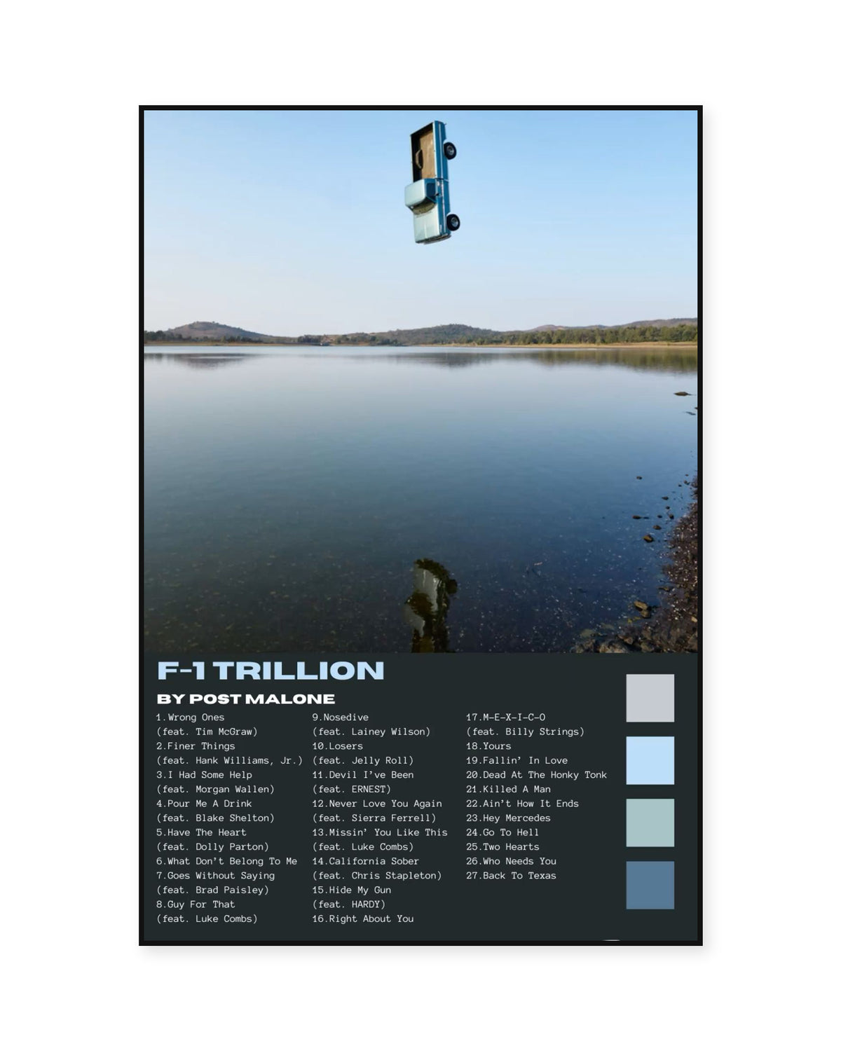 Post Malone F-1 Trillion Blue Tracklist Poster — front view in a thin black display frame. Print sold unframed; frame for display only.