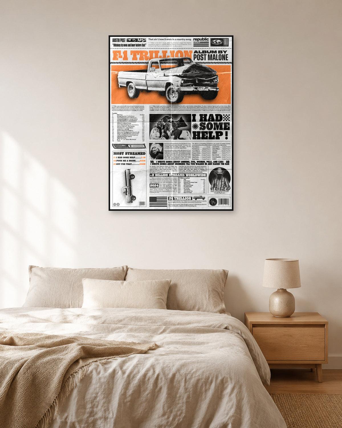Post Malone F-1 Trillion Orange Editorial Collage Poster — natural-light bedroom display. Print sold unframed; frame for display only.
