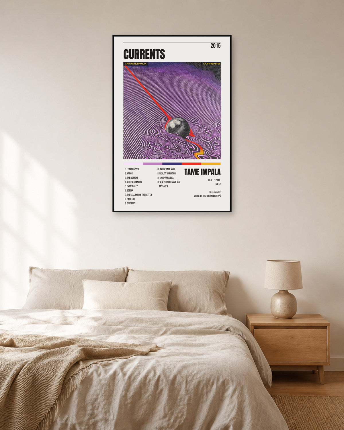 Tame Impala Currents White Header Tracklist Poster — natural-light bedroom display. Print sold unframed; frame for display only.
