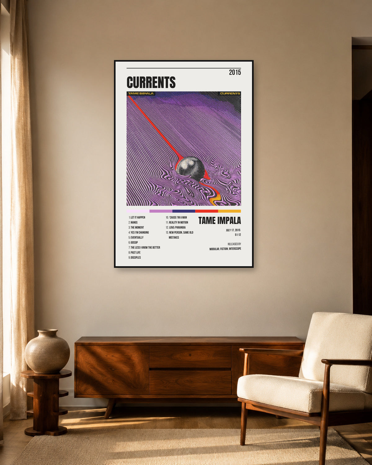 Tame Impala Currents White Header Tracklist Poster — warm mid-century living room display. Print sold unframed; frame for display only.