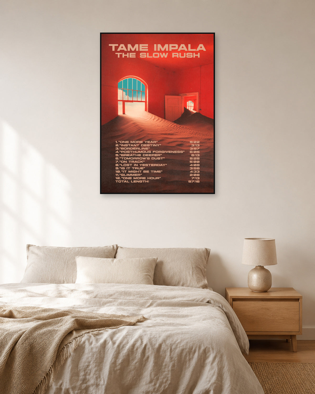 Tame Impala The Slow Rush Red Room Tracklist Poster — natural-light bedroom display. Print sold unframed; frame for display only.