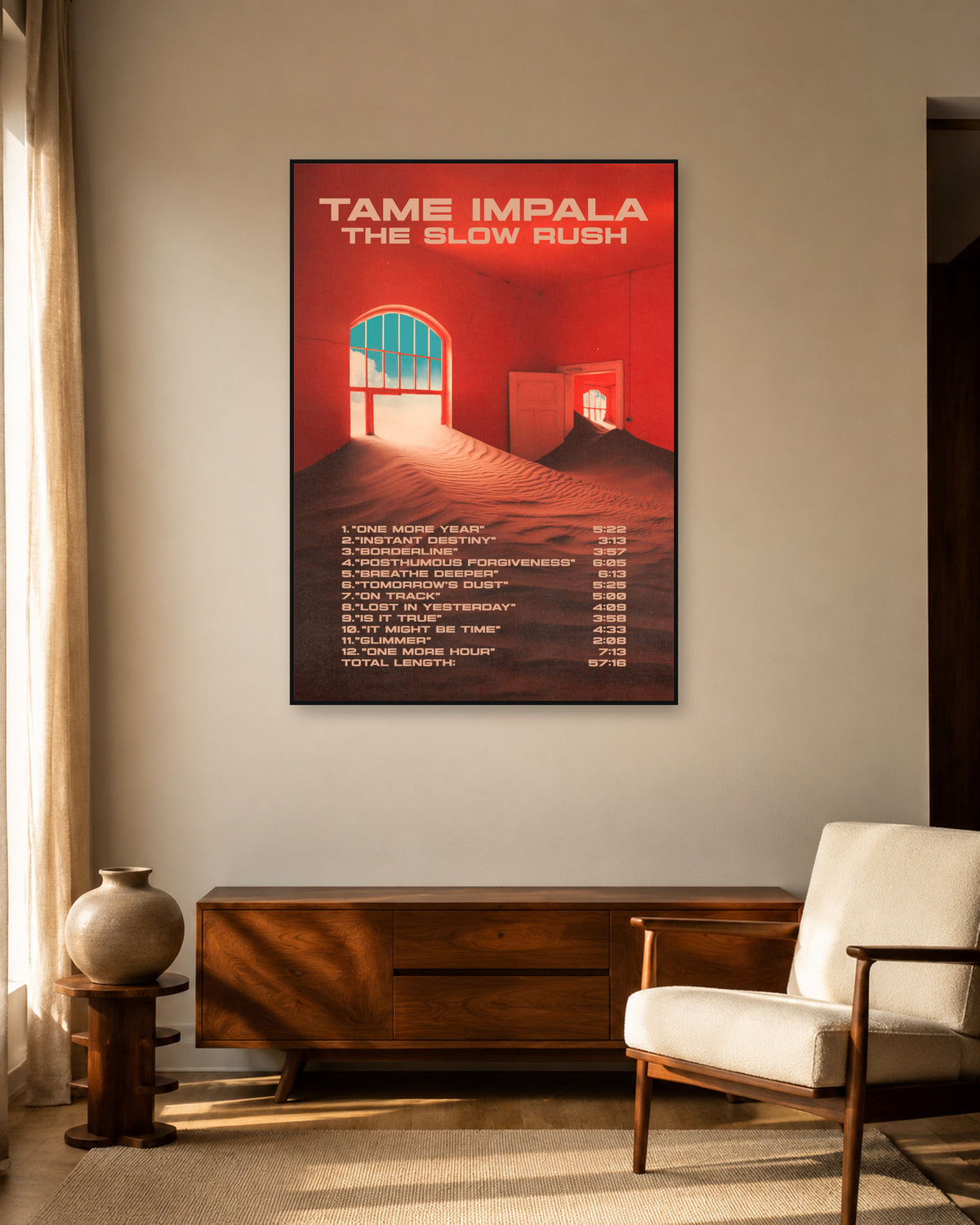Tame Impala The Slow Rush Red Room Tracklist Poster — warm mid-century living room display. Print sold unframed; frame for display only.