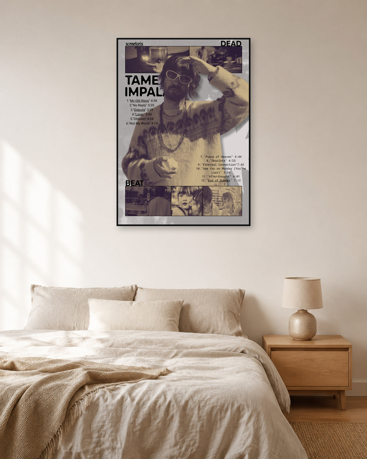 Tame Impala Deadbeat Sepia Portrait Collage Poster — natural-light bedroom display. Print sold unframed; frame for display only.