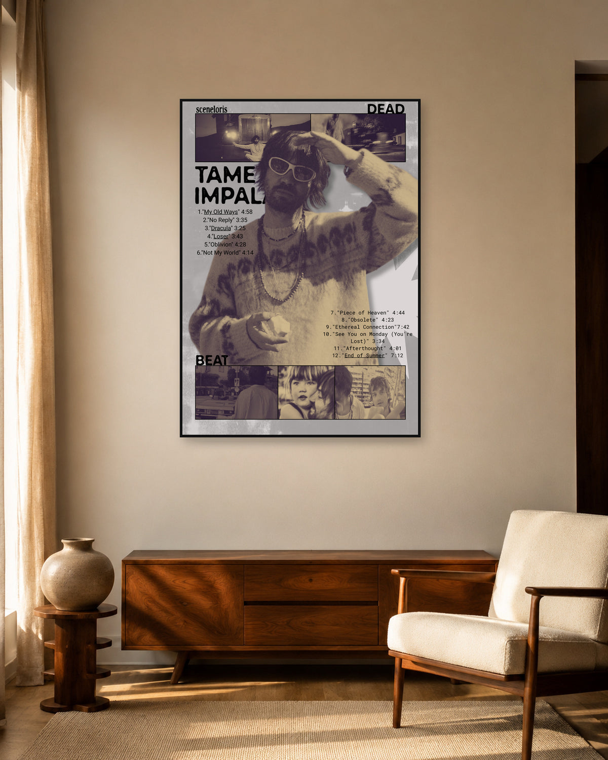 Tame Impala Deadbeat Sepia Portrait Collage Poster — warm mid-century living room display. Print sold unframed; frame for display only.