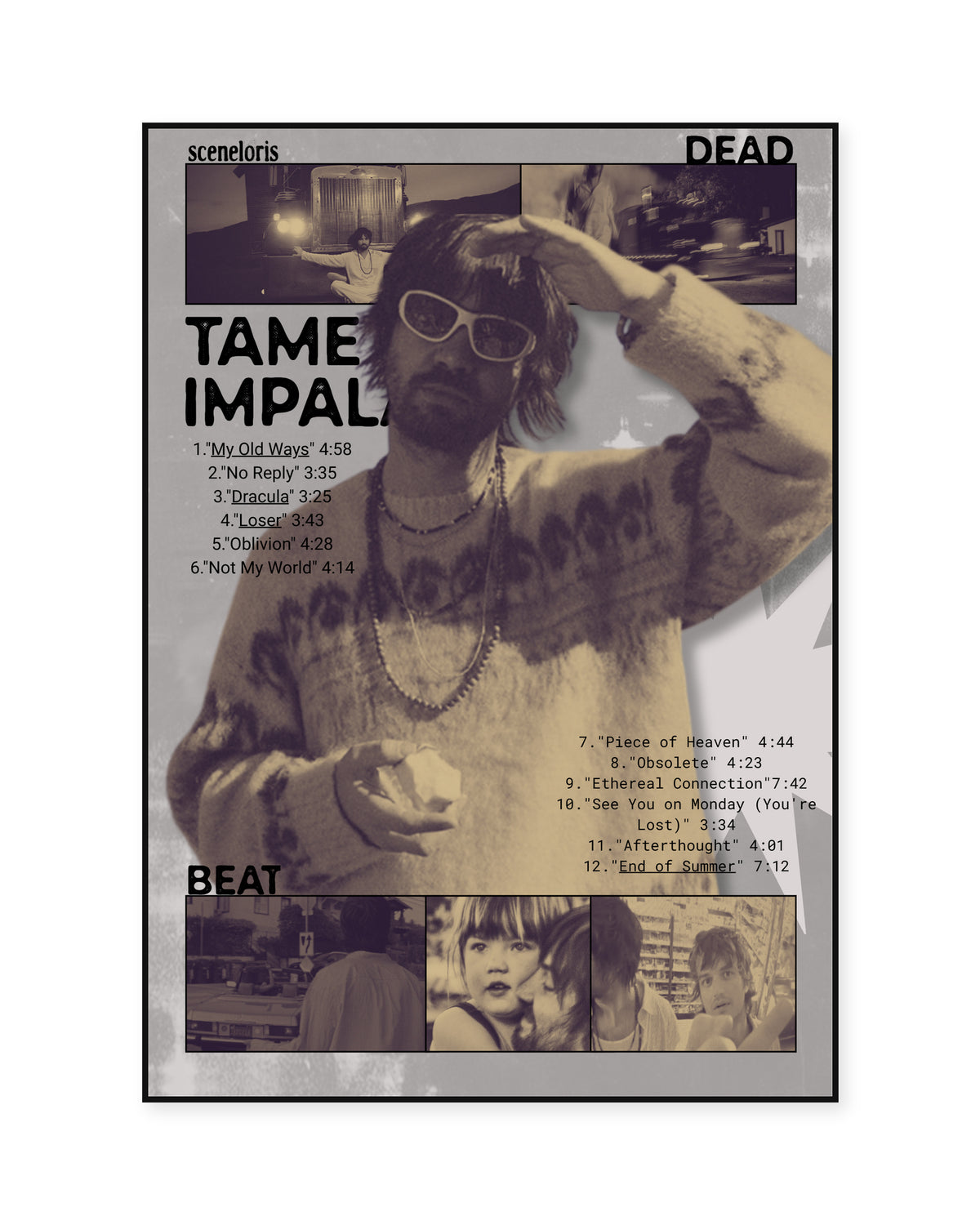 Tame Impala Deadbeat Sepia Portrait Collage Poster — front view in a thin black display frame. Print sold unframed; frame for display only.