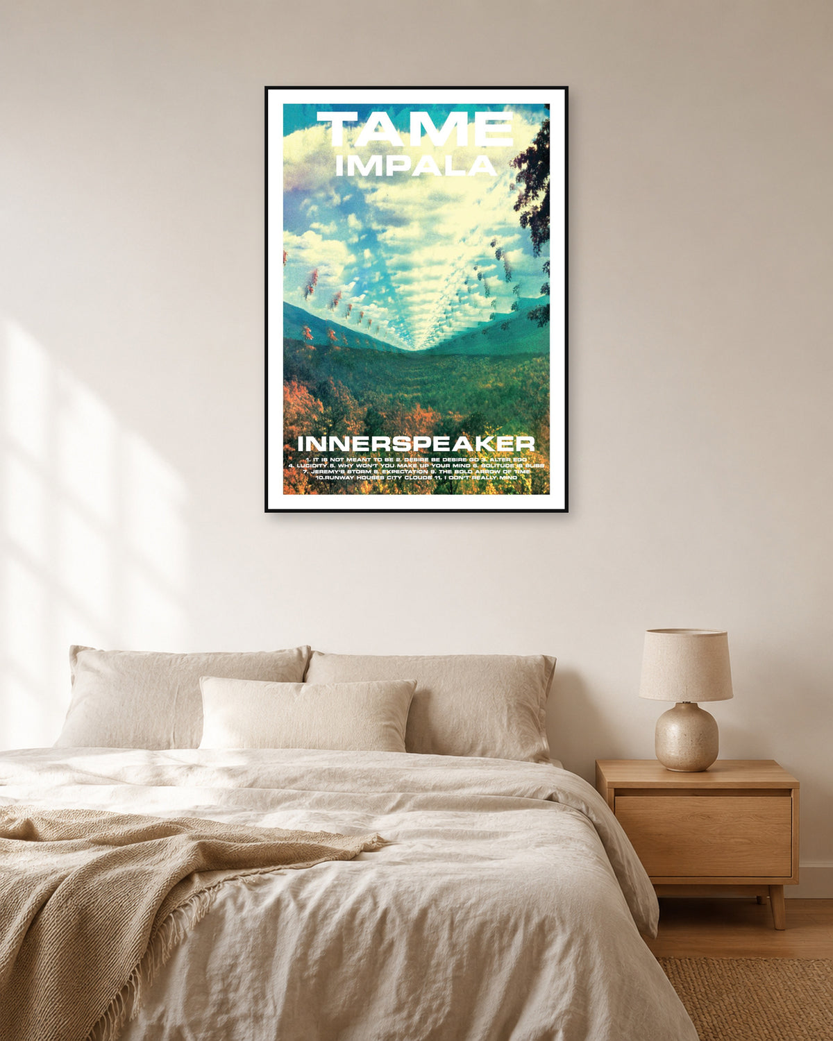Tame Impala InnerSpeaker Landscape Typography Poster — natural-light bedroom display. Print sold unframed; frame for display only.