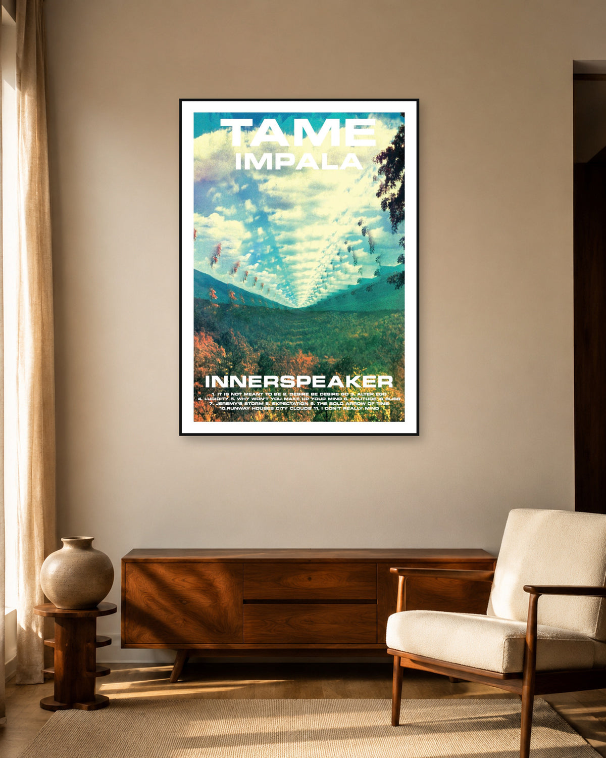 Tame Impala InnerSpeaker Landscape Typography Poster — warm mid-century living room display. Print sold unframed; frame for display only.