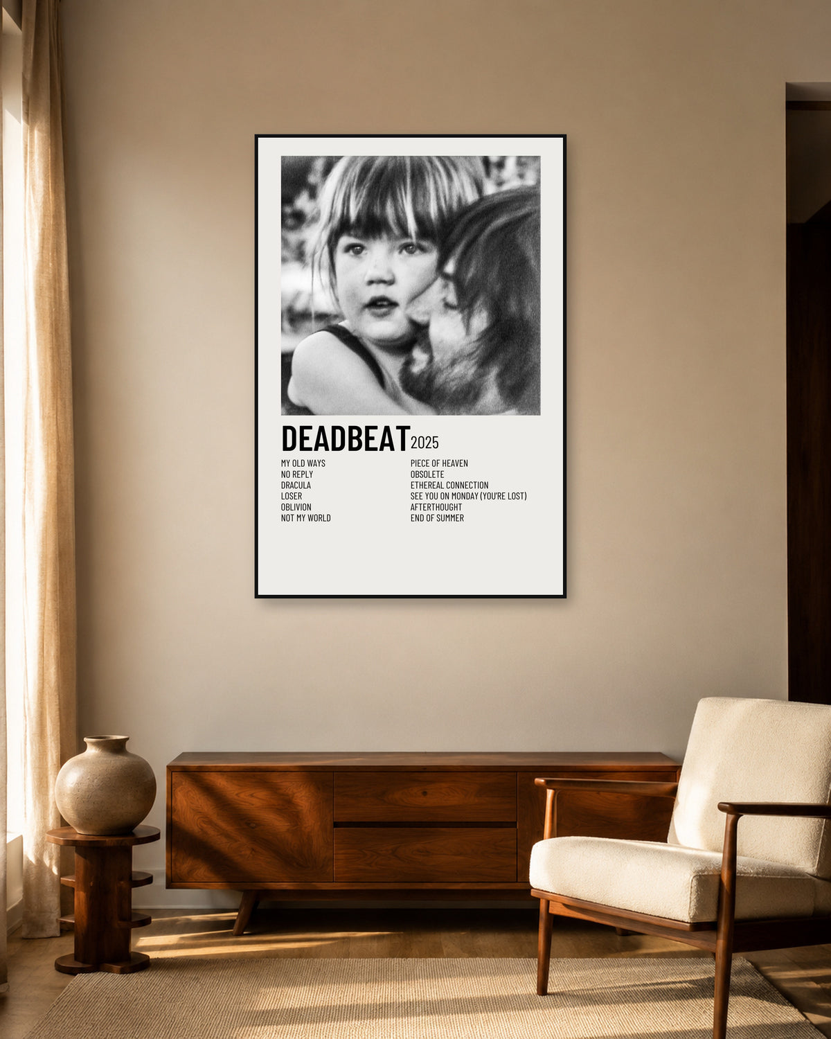 Tame Impala Deadbeat Cream Two-Column Tracklist Poster — warm mid-century living room display. Print sold unframed; frame for display only.
