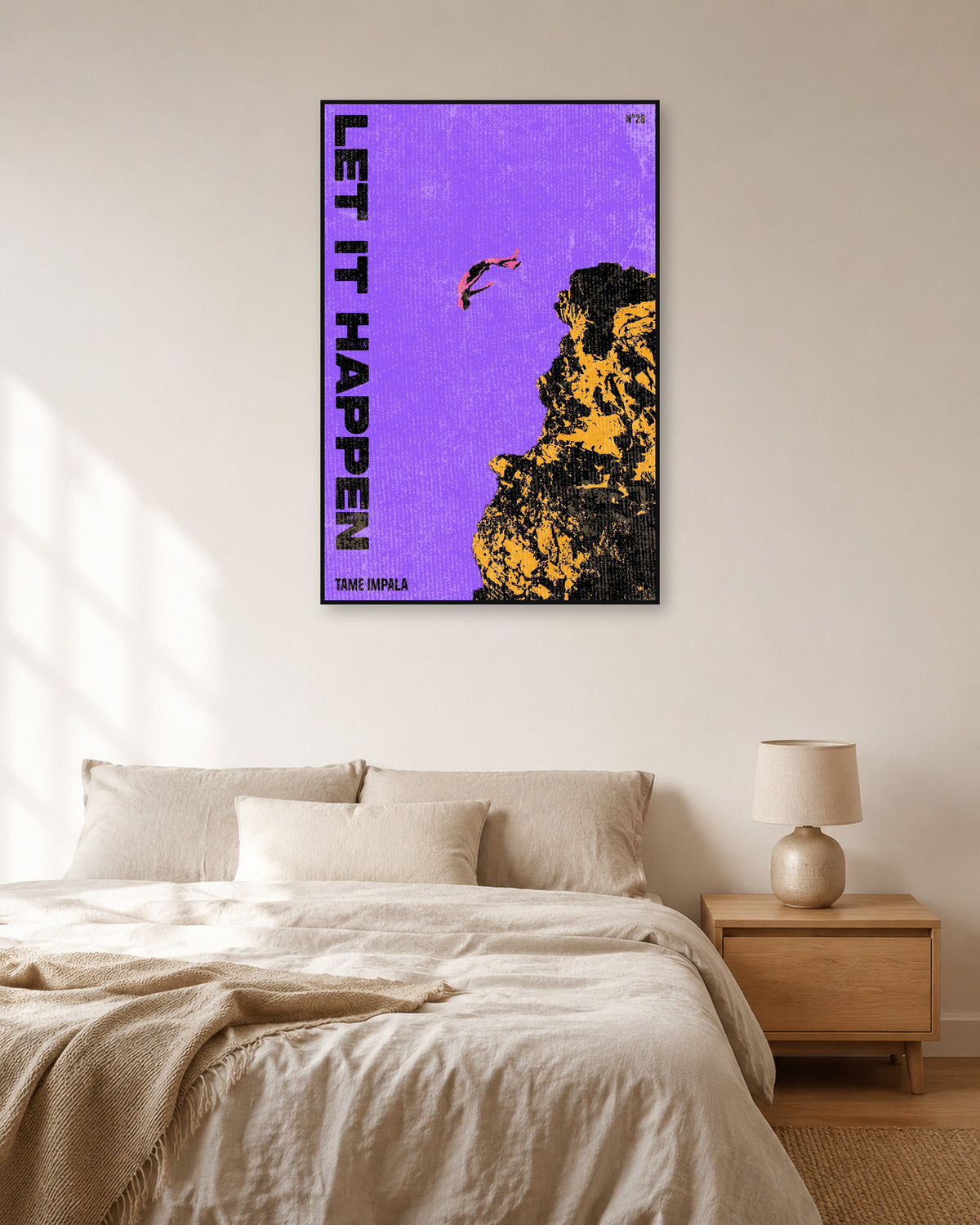 Tame Impala Let It Happen Purple Cliff Poster — natural-light bedroom display. Print sold unframed; frame for display only.