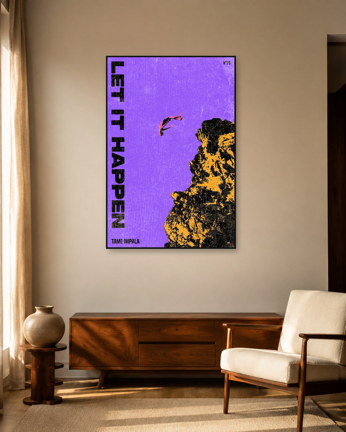 Tame Impala Let It Happen Purple Cliff Poster — warm mid-century living room display. Print sold unframed; frame for display only.