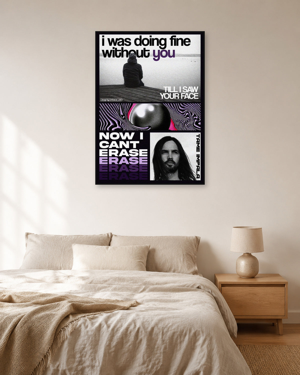 Tame Impala The Less I Know the Better Purple Monochrome Collage Poster — natural-light bedroom display. Print sold unframed; frame for display only.