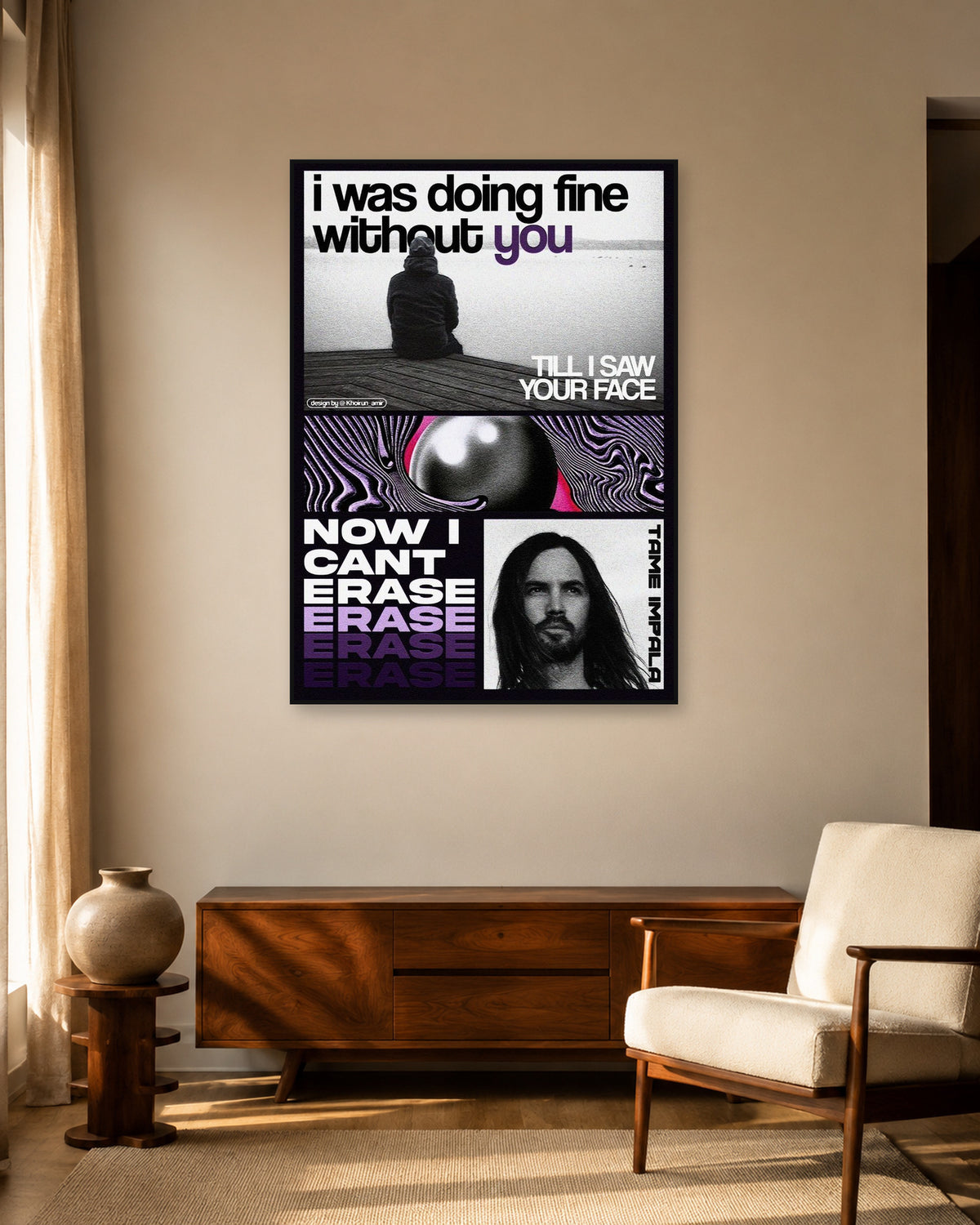 Tame Impala The Less I Know the Better Purple Monochrome Collage Poster — warm mid-century living room display. Print sold unframed; frame for display only.