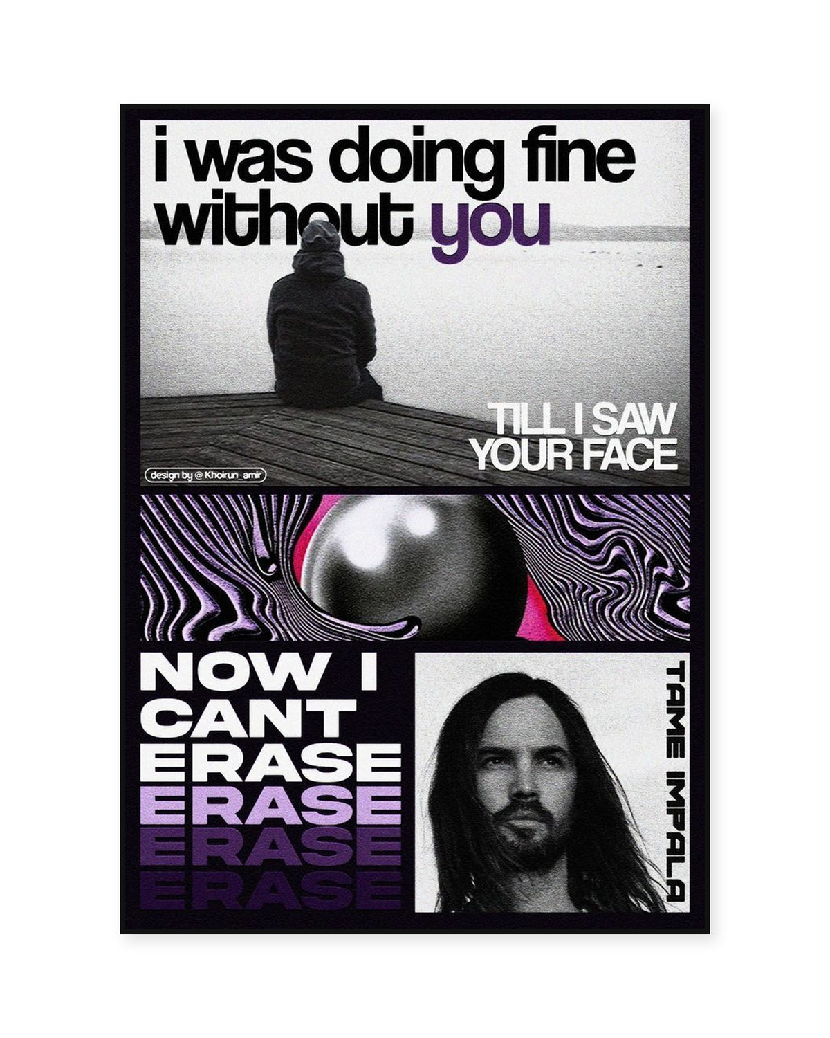 Tame Impala The Less I Know the Better Purple Monochrome Collage Poster — front view in a thin black display frame. Print sold unframed; frame for display only.
