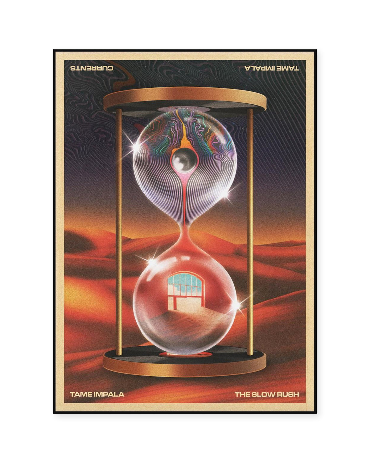 Tame Impala Currents / The Slow Rush Hourglass Poster — front view in a thin black display frame. Print sold unframed; frame for display only.