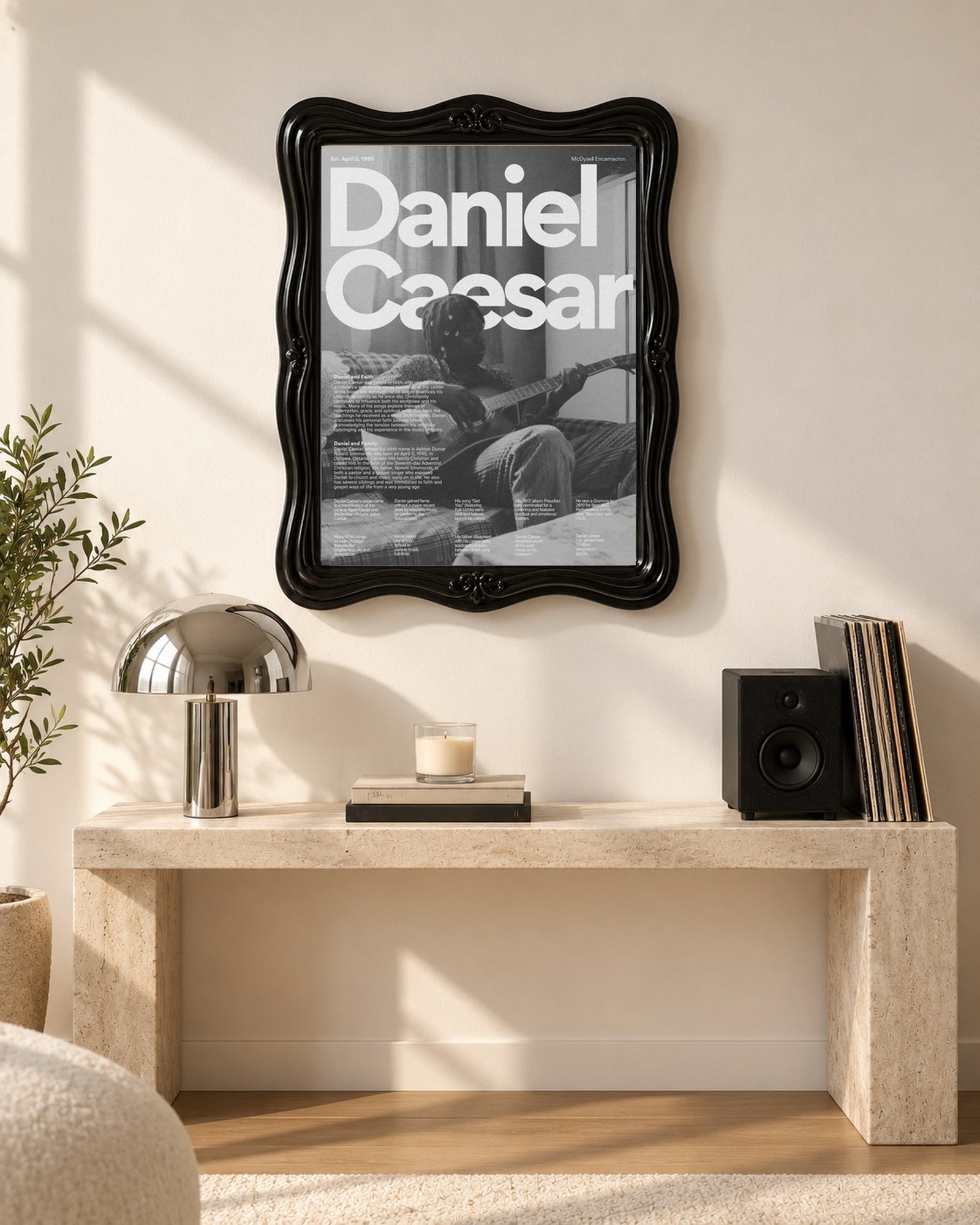 Daniel Caesar Black & White Guitar Portrait Poster, console table setting. Frame for display only; poster sold unframed.