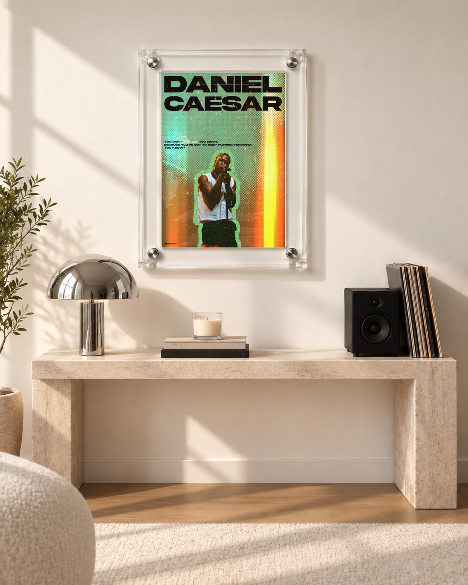 Daniel Caesar Green & Gold Performance Poster, console table setting. Frame for display only; poster sold unframed.