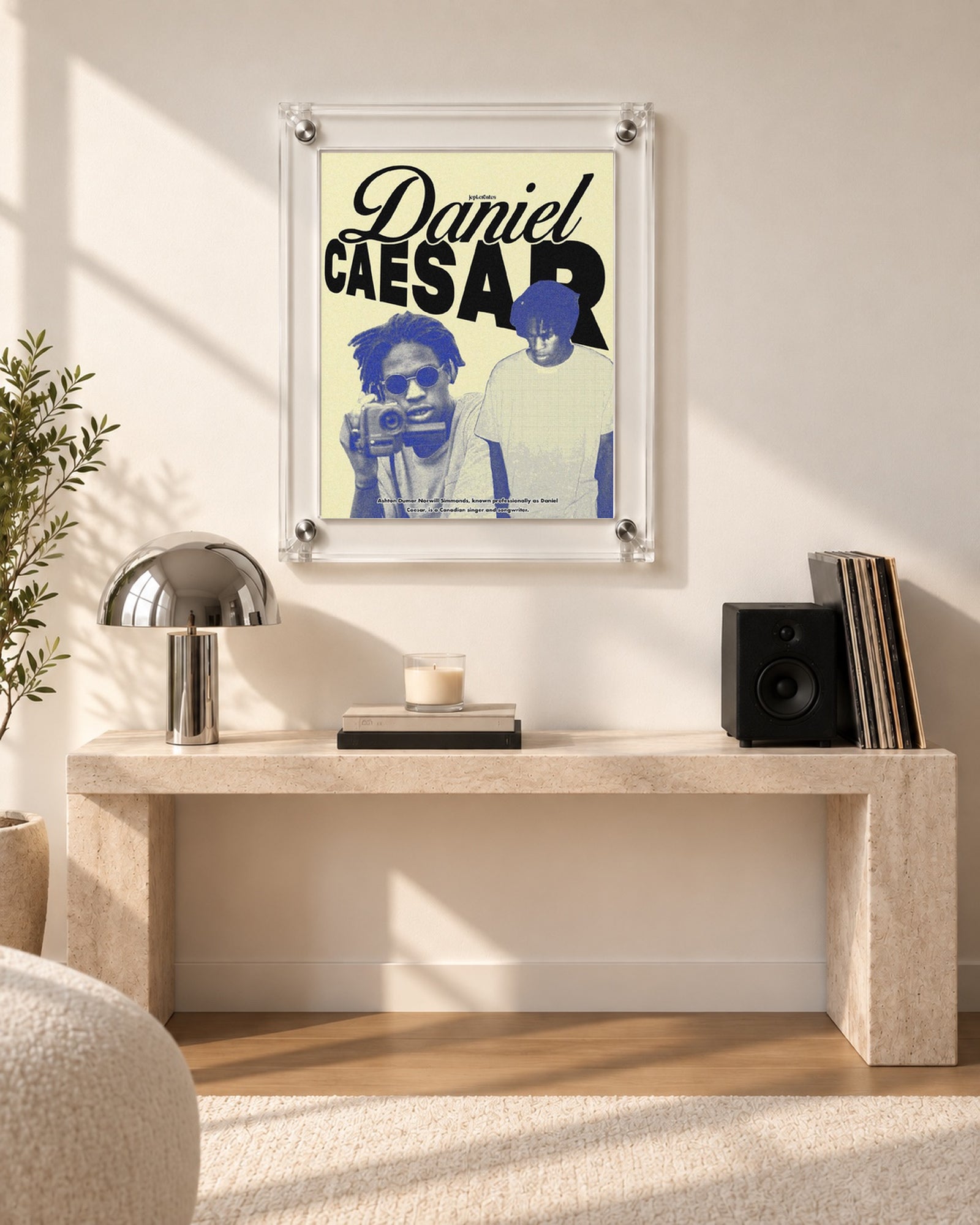 Daniel Caesar Yellow & Blue Camera Collage Poster, console table setting. Frame for display only; poster sold unframed.
