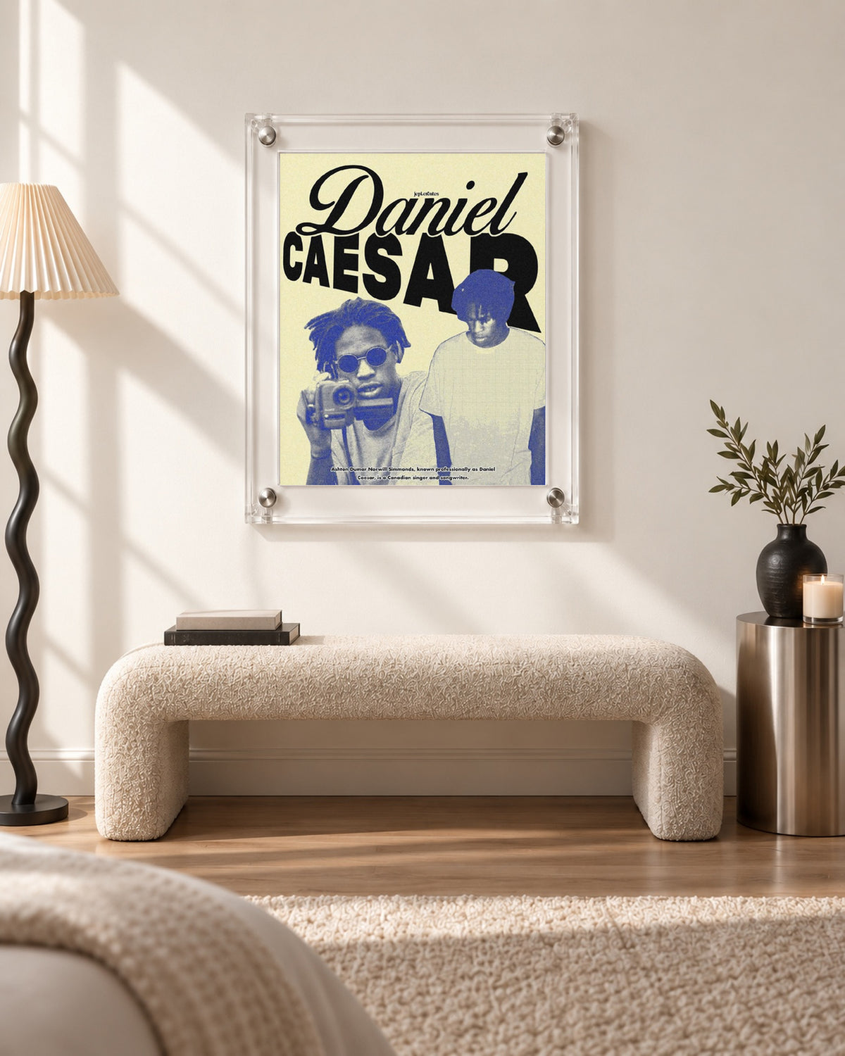 Daniel Caesar Yellow & Blue Camera Collage Poster, bench setting. Frame for display only; poster sold unframed.