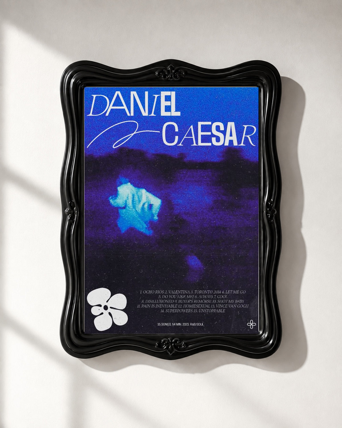 Daniel Caesar Never Enough Blue Floral Album Poster, close-up display. Frame for display only; poster sold unframed.