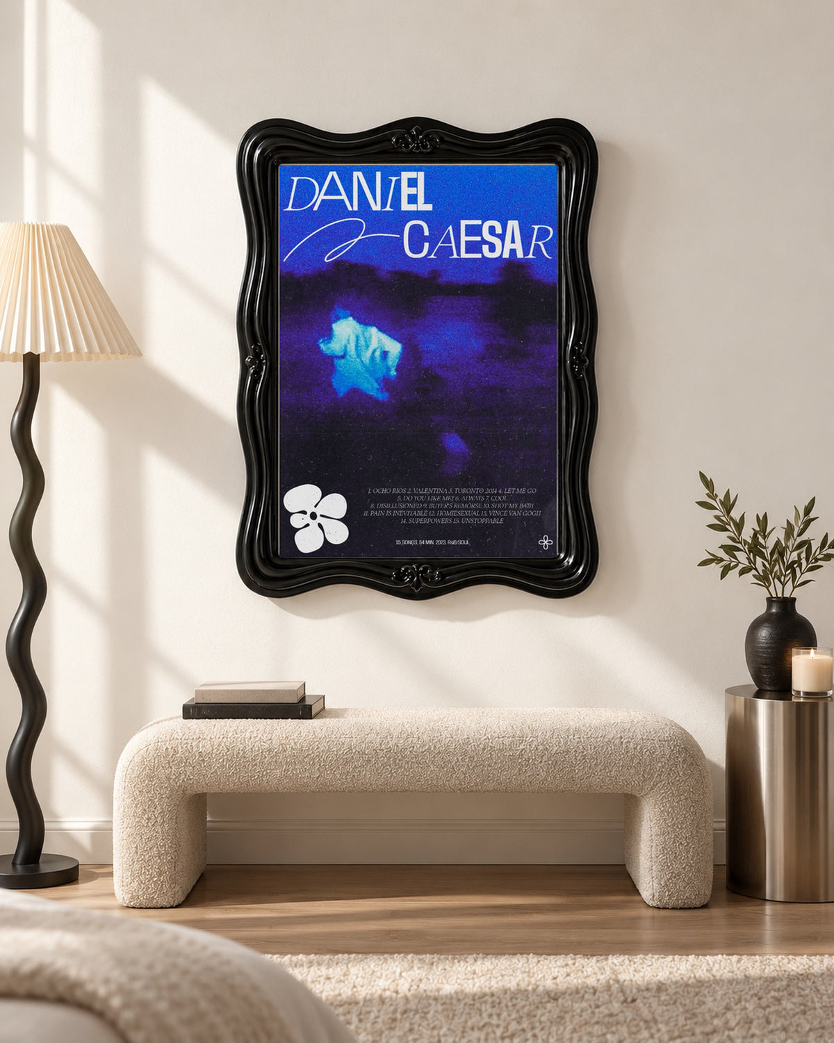 Daniel Caesar Never Enough Blue Floral Album Poster, bench setting. Frame for display only; poster sold unframed.