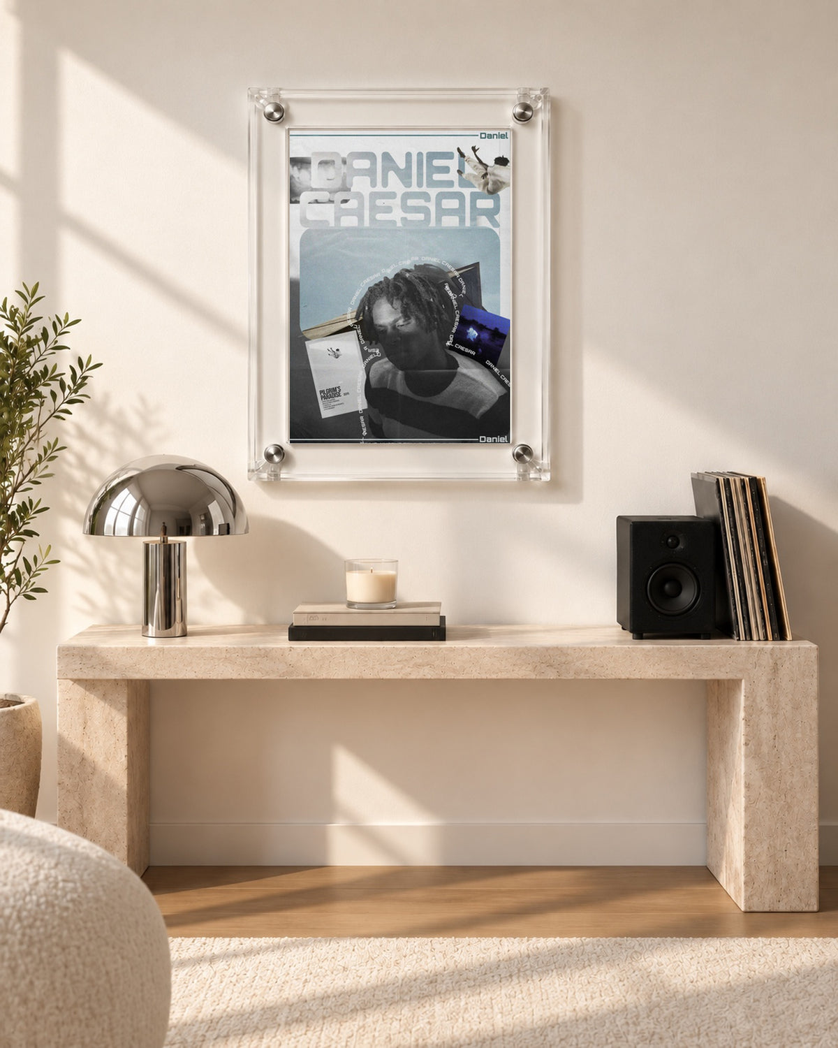 Daniel Caesar Blue Album Collage Poster, console table setting. Frame for display only; poster sold unframed.