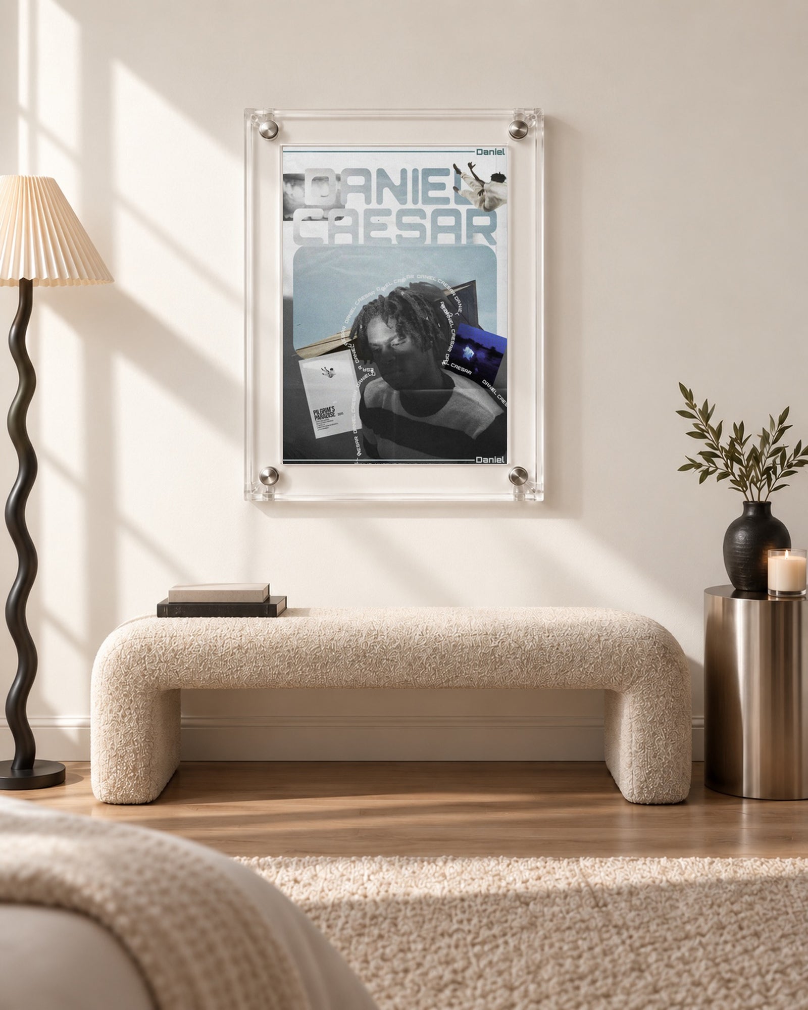 Daniel Caesar Blue Album Collage Poster, bench setting. Frame for display only; poster sold unframed.