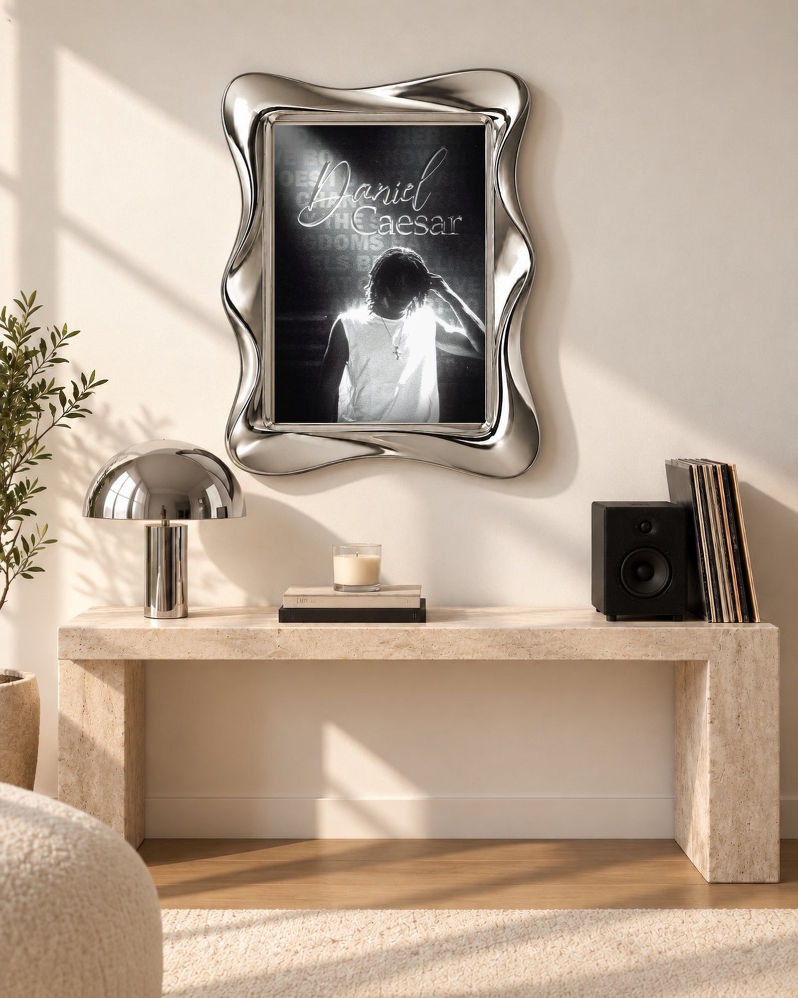 Daniel Caesar Black & White Backlit Portrait Poster, console table setting. Frame for display only; poster sold unframed.
