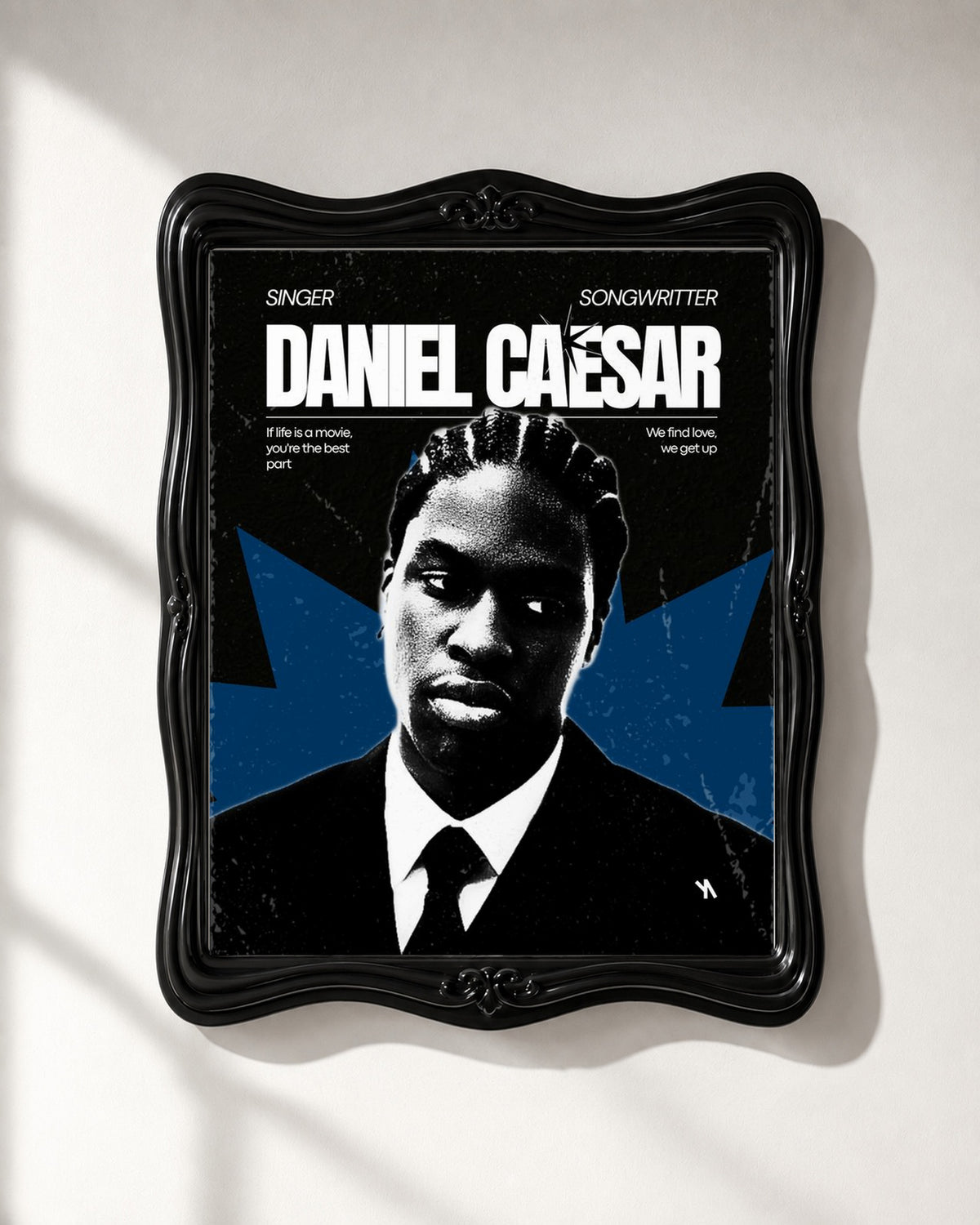Daniel Caesar Blue Star Suit Portrait Poster, close-up display. Frame for display only; poster sold unframed.