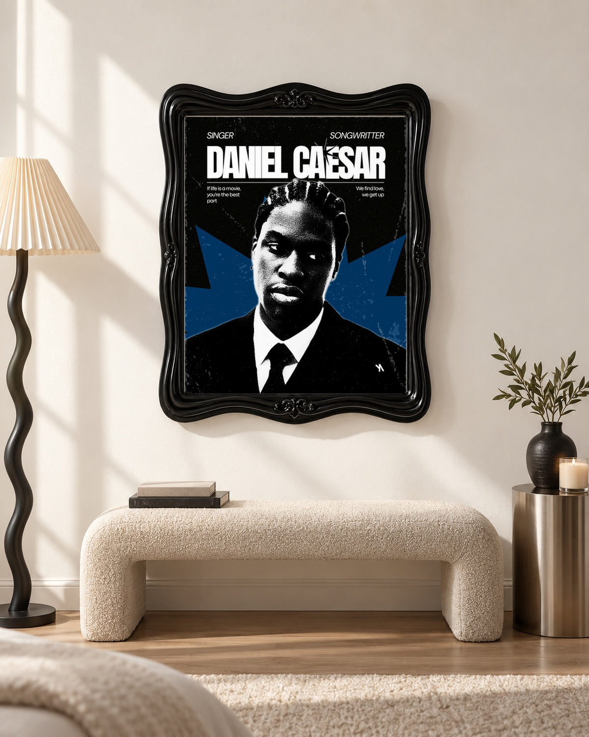 Daniel Caesar Blue Star Suit Portrait Poster, bench setting. Frame for display only; poster sold unframed.