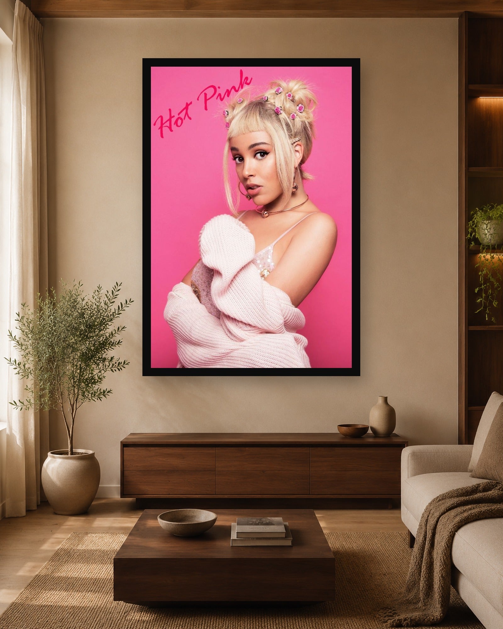 Doja Cat Hot Pink Portrait Poster displayed in a coordinated room scene