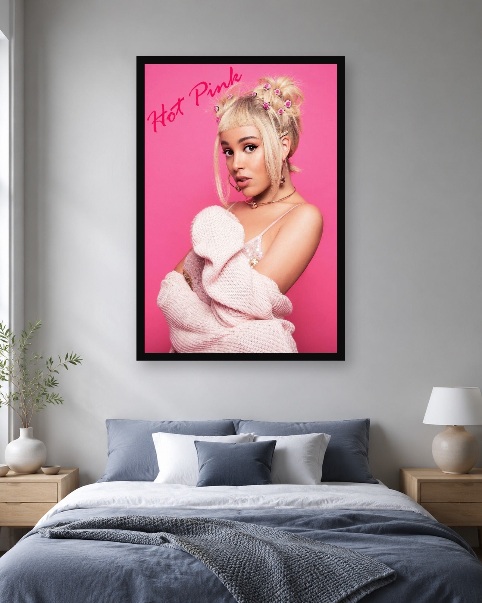 Doja Cat Hot Pink Portrait Poster displayed in a second color-matched interior