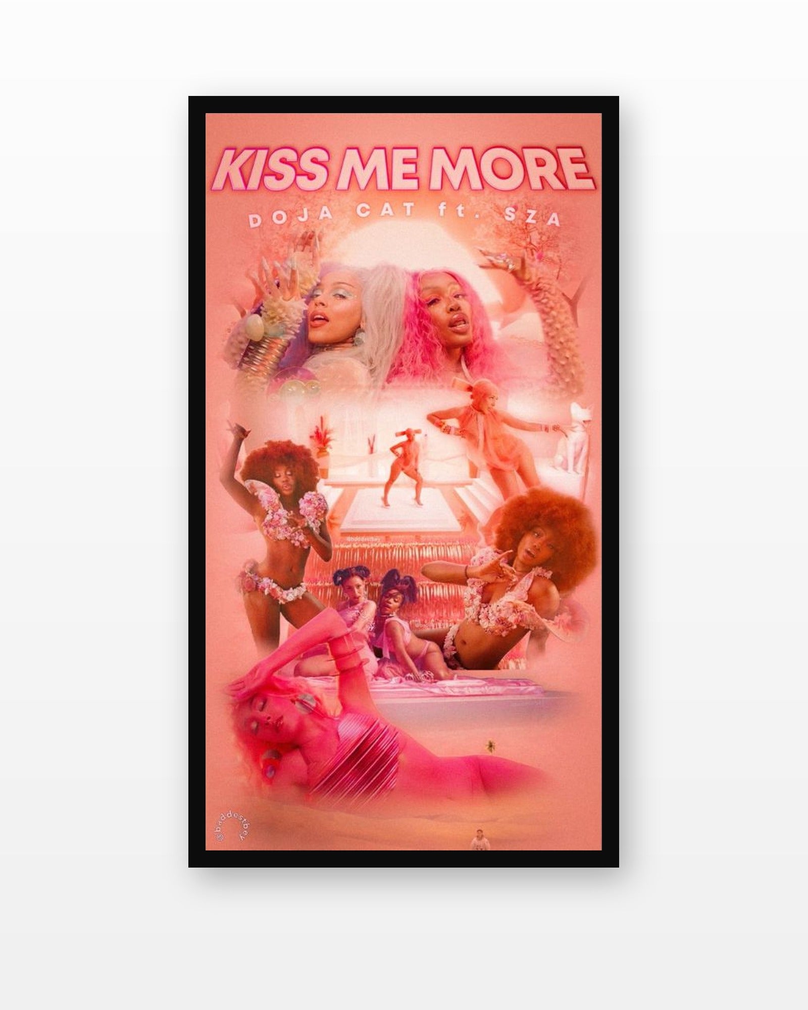 Doja Cat Kiss Me More Poster in a black frame on a white wall