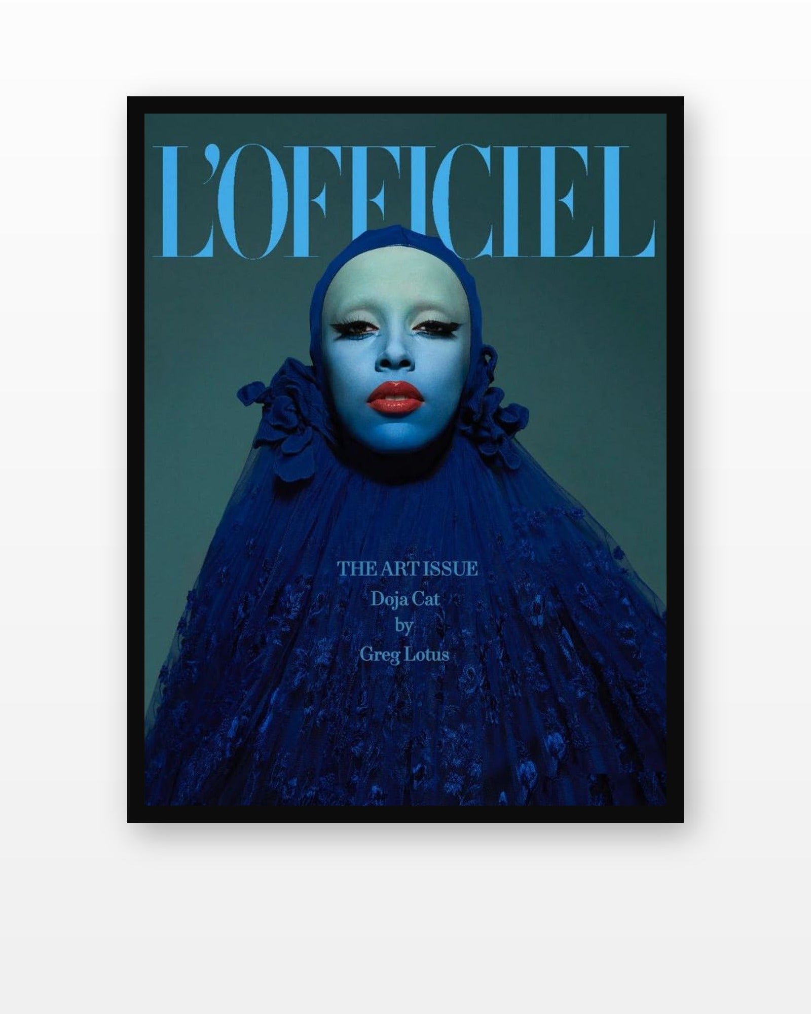 Doja Cat L'Officiel Art Issue Cover Poster in a black frame on a white wall