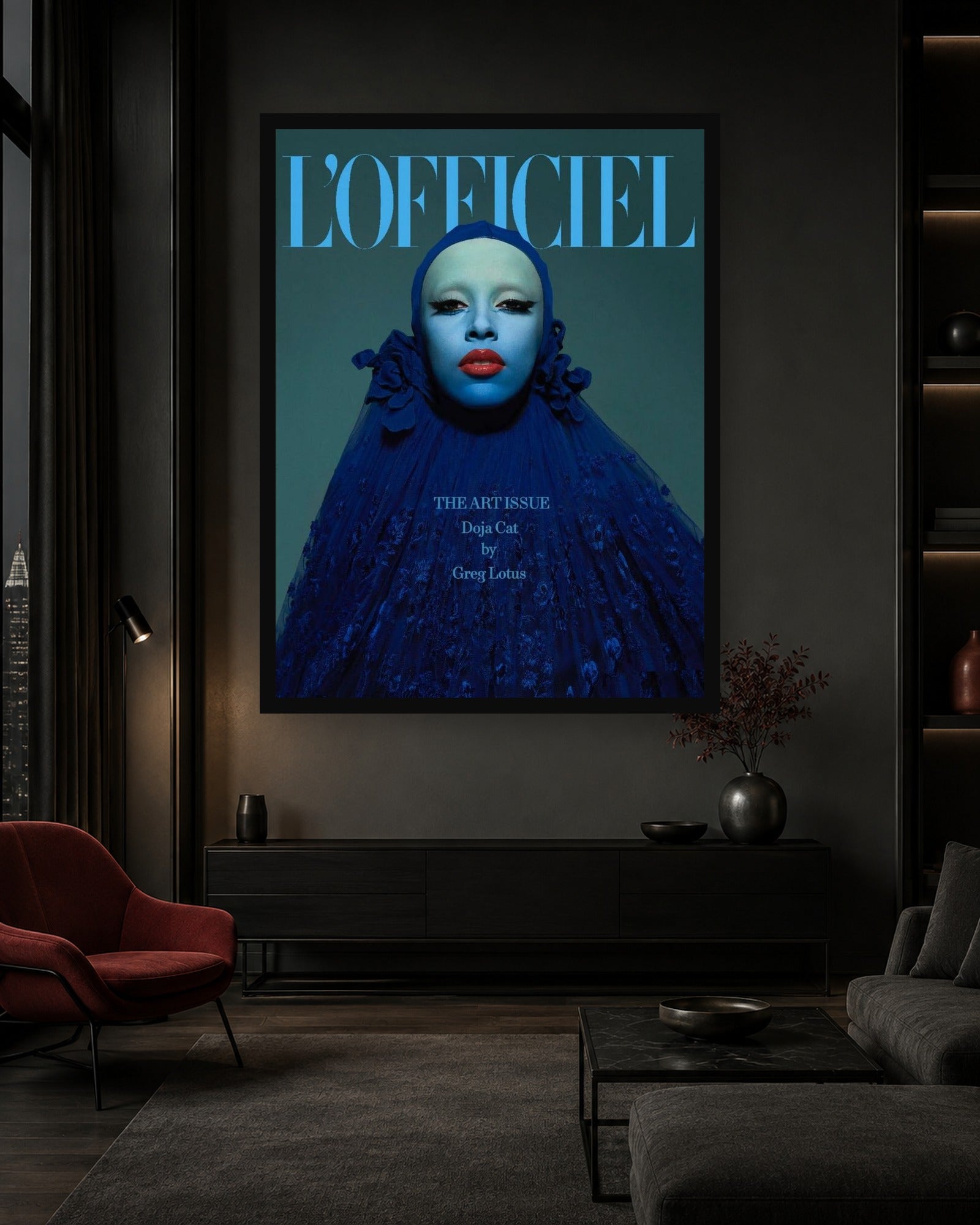 Doja Cat L'Officiel Art Issue Cover Poster displayed in a second color-matched interior