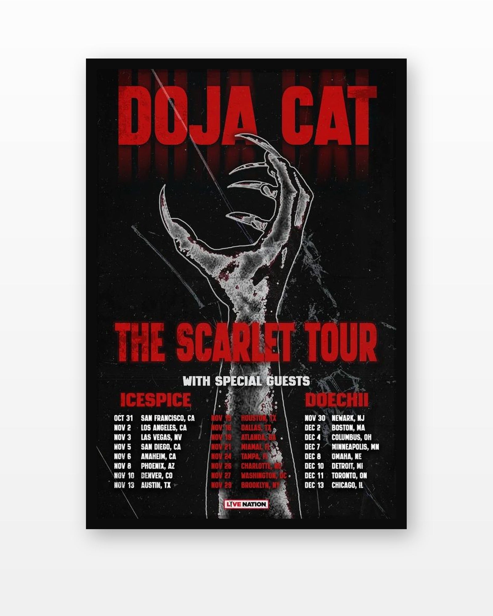 Doja Cat Scarlet Tour Poster in a black frame on a white wall