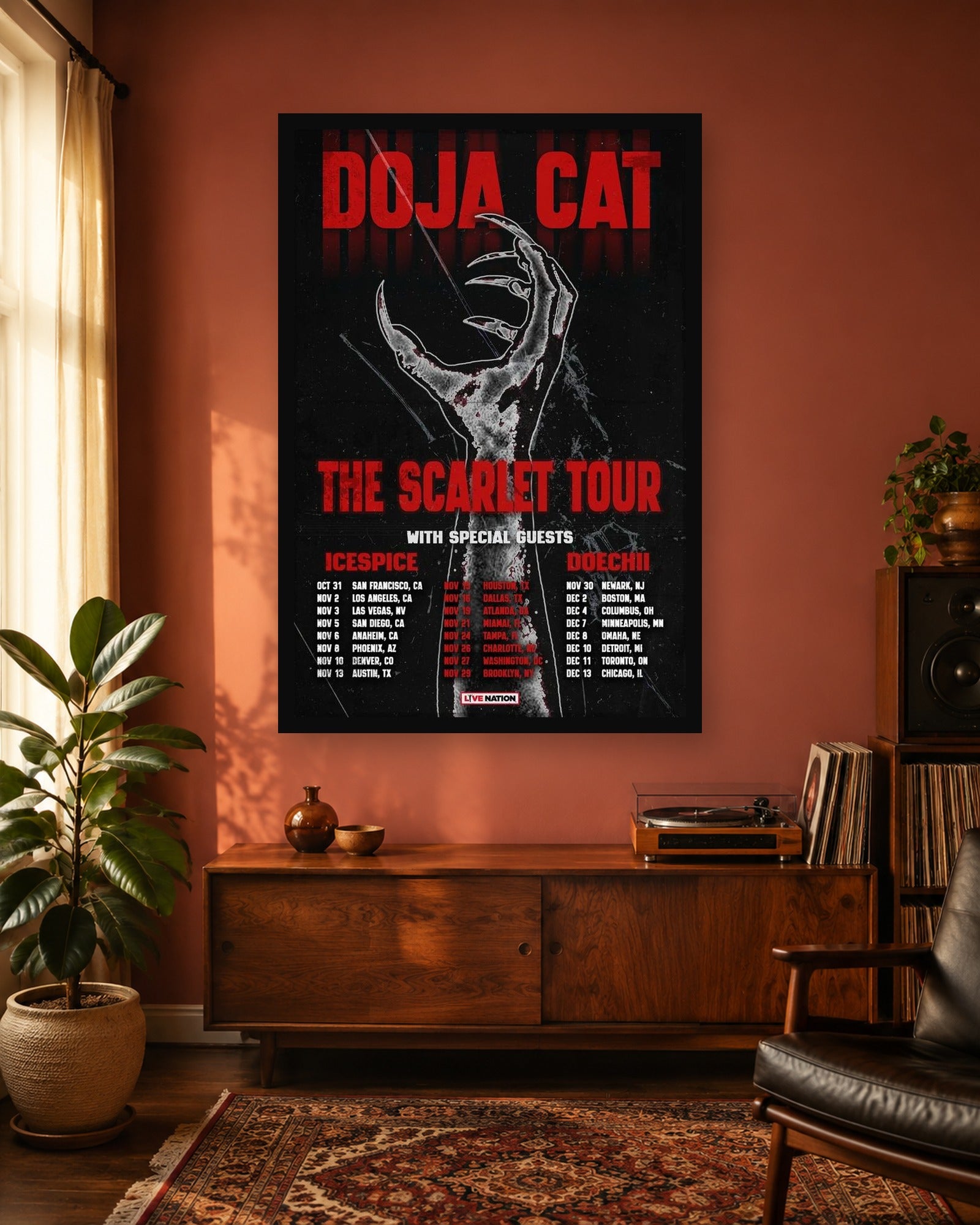 Doja Cat Scarlet Tour Poster displayed in a second color-matched interior