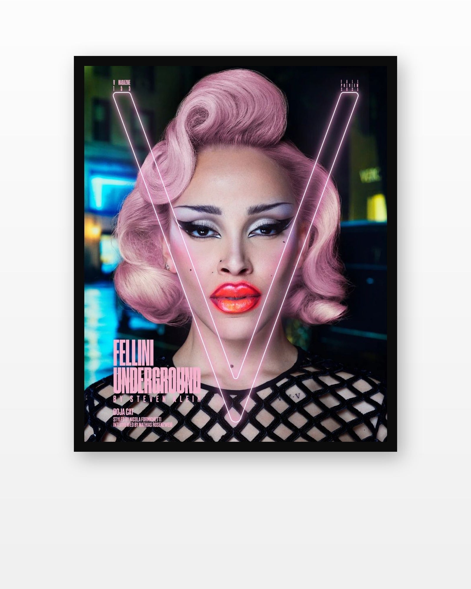 Doja Cat V155 Fellini Underground Cover Poster in a black frame on a white wall
