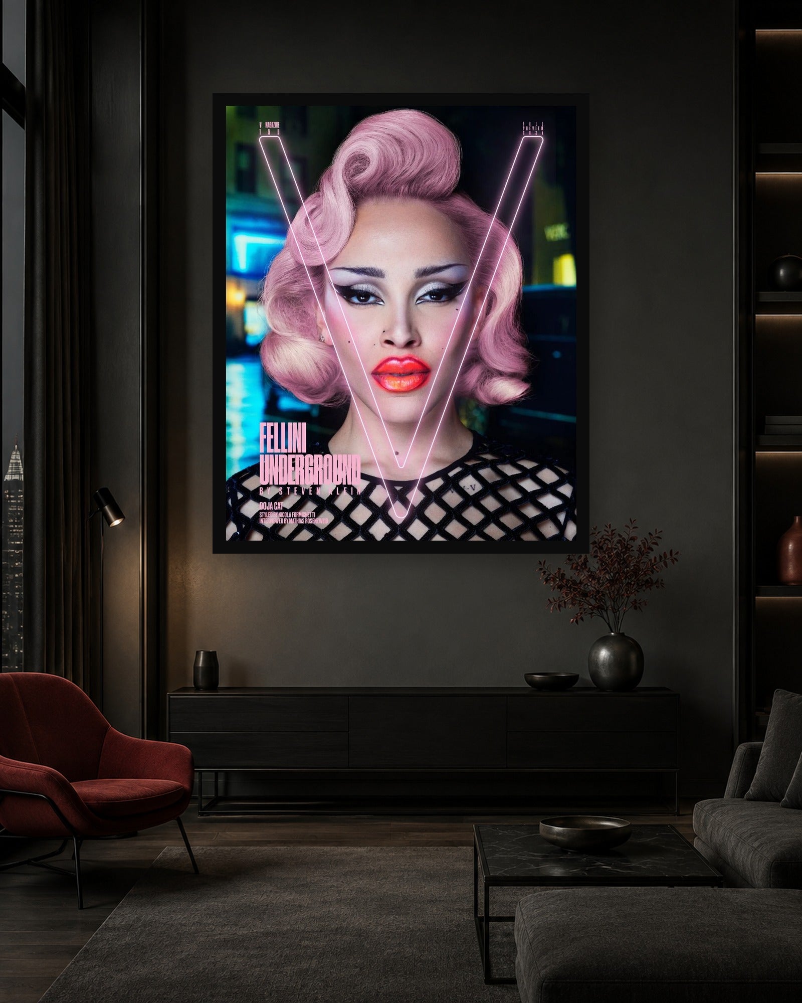 Doja Cat V155 Fellini Underground Cover Poster displayed in a coordinated room scene